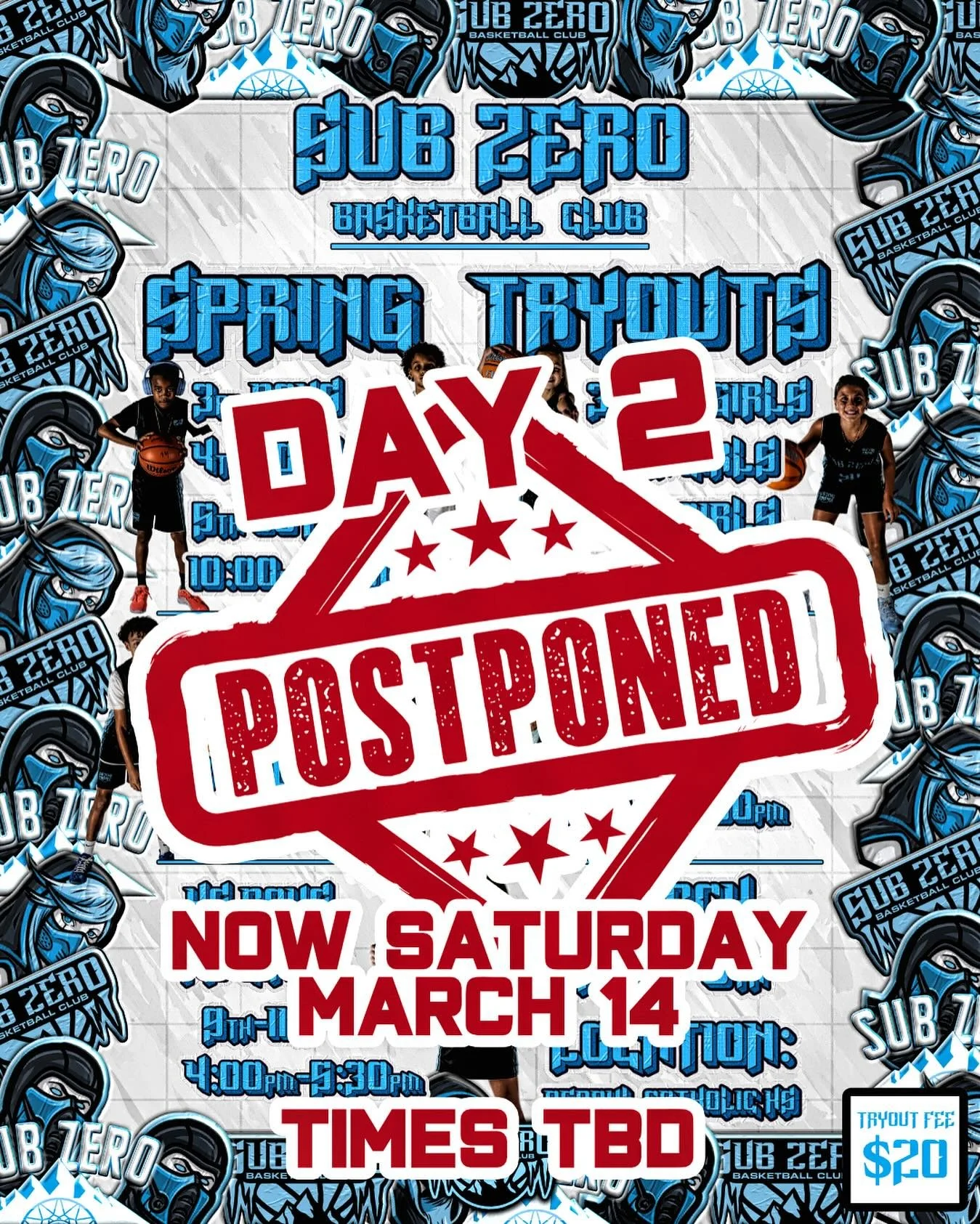 🚨🚨Players and Parents, Day 2 (tomorrow) has been postponed to next Saturday March 14! Thank you and we apologize for the inconvenience!🚨🚨