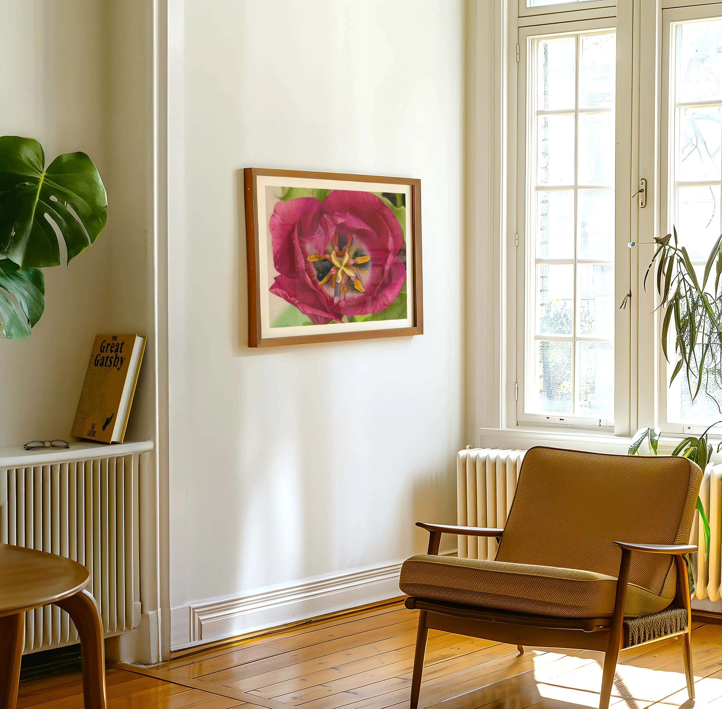 Tulip fine art print in wooden frame on white wall near sunlight window and brown chair