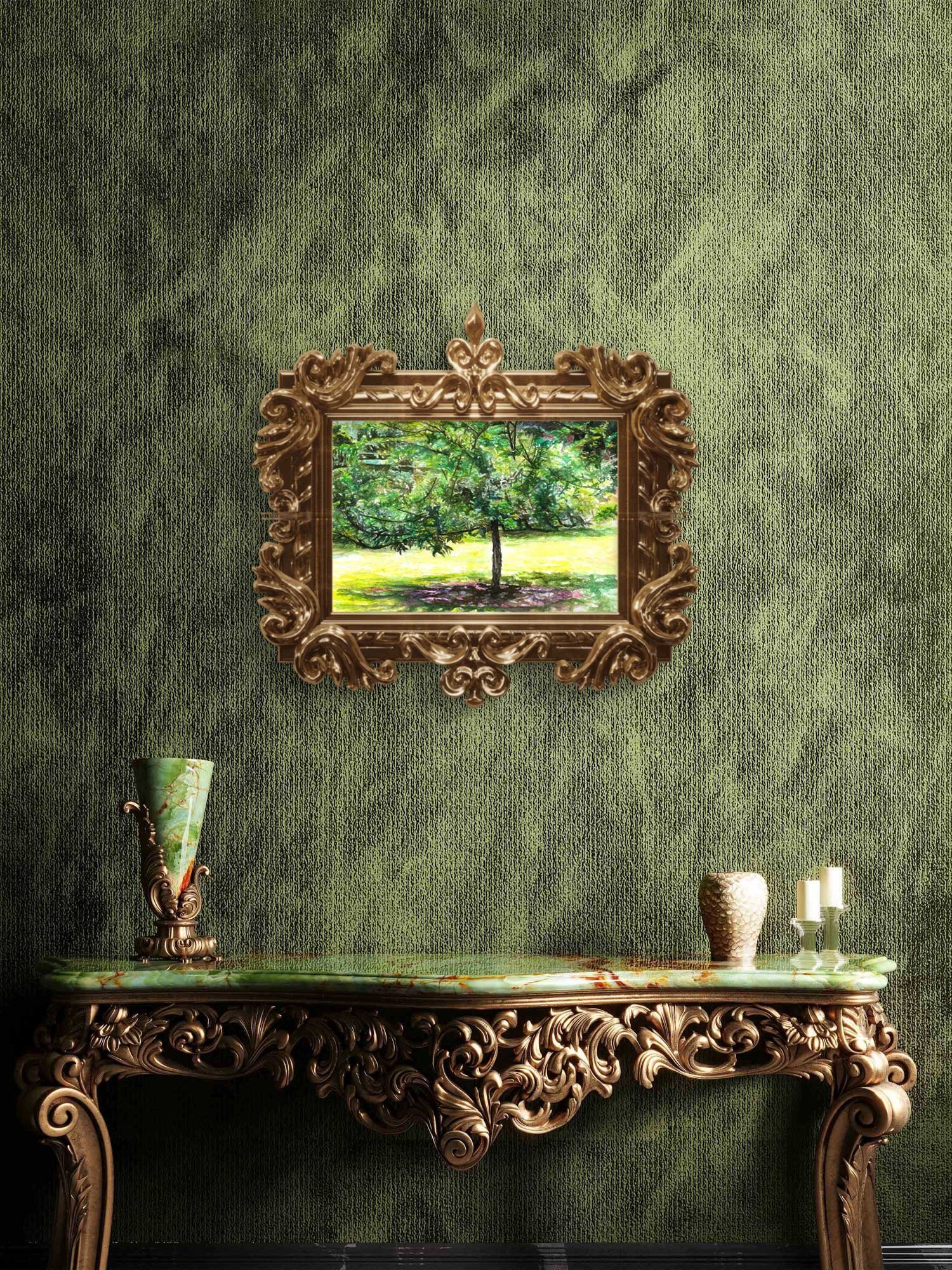 Crabapple tree painting in an ornate gold frame on a deep green wall above a gilded console