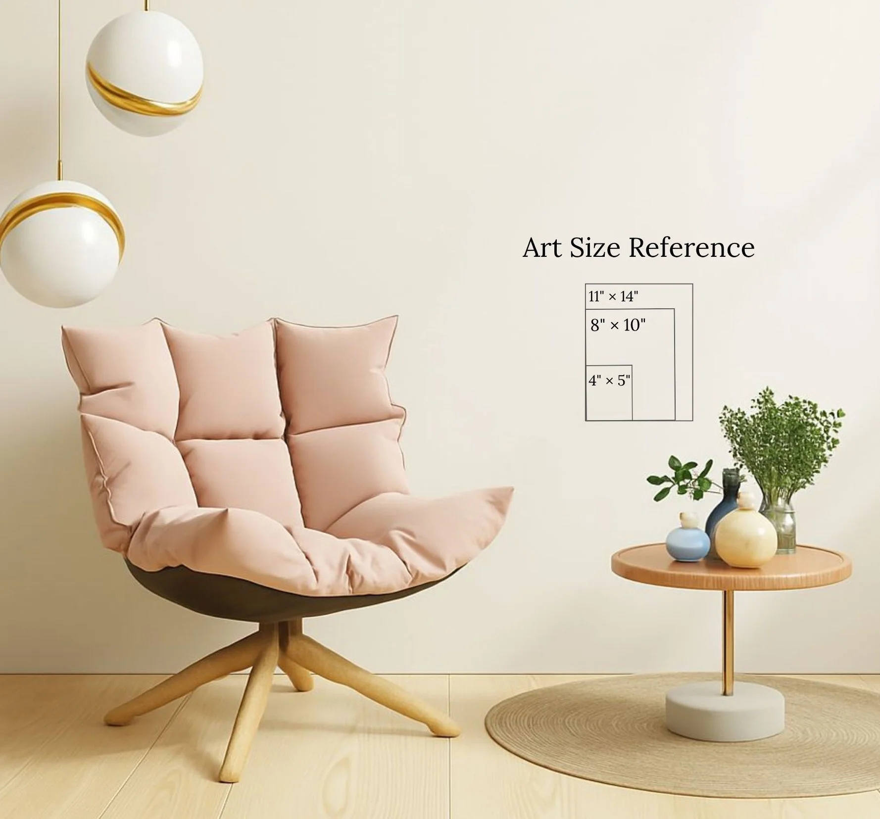 Sizing chart on wall over small wooden round table with plants and pink peach chair