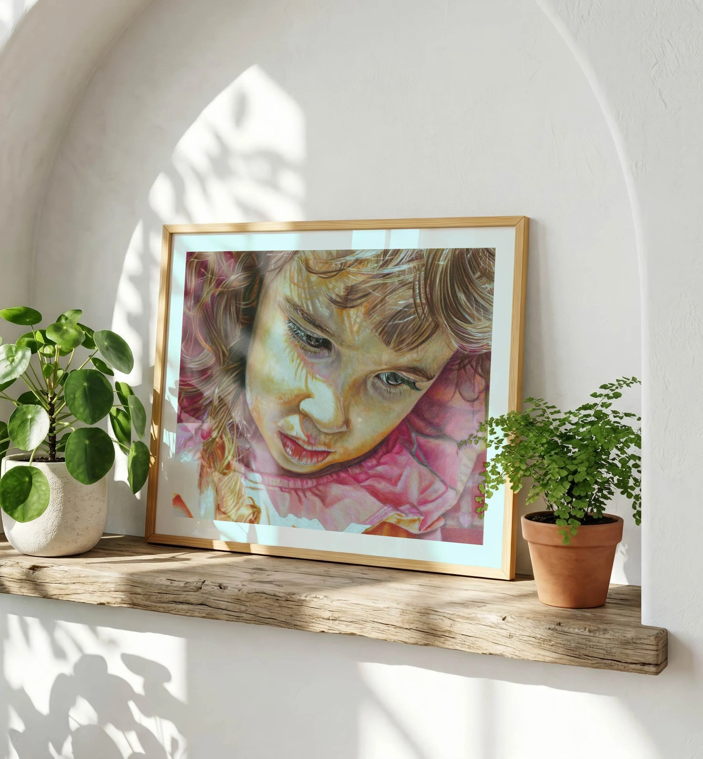 Child portrait print framed in a sunlit arched nook with greenery