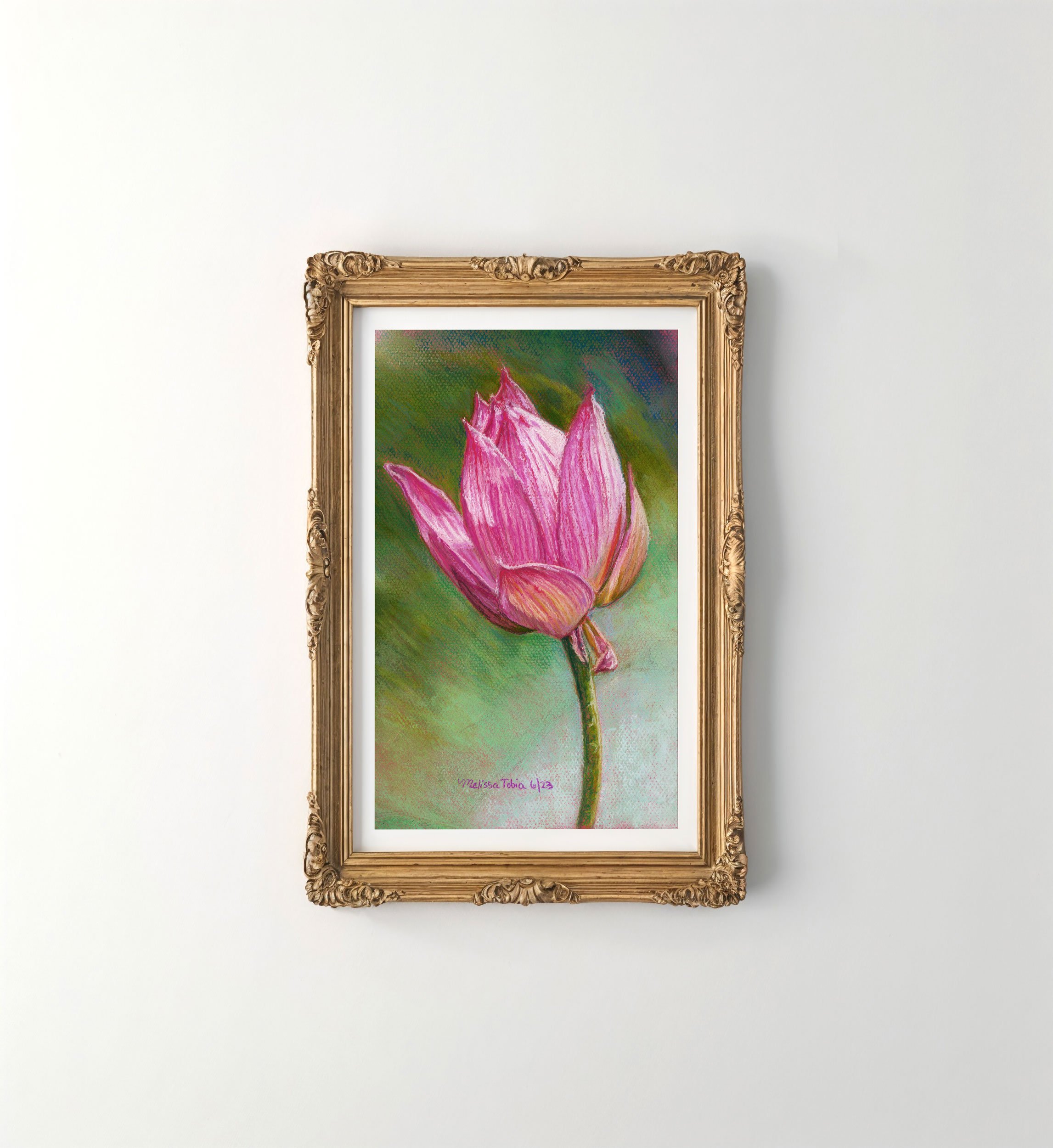 Lonely Lotus pastel painting print in a gold ornate frame on a white wall