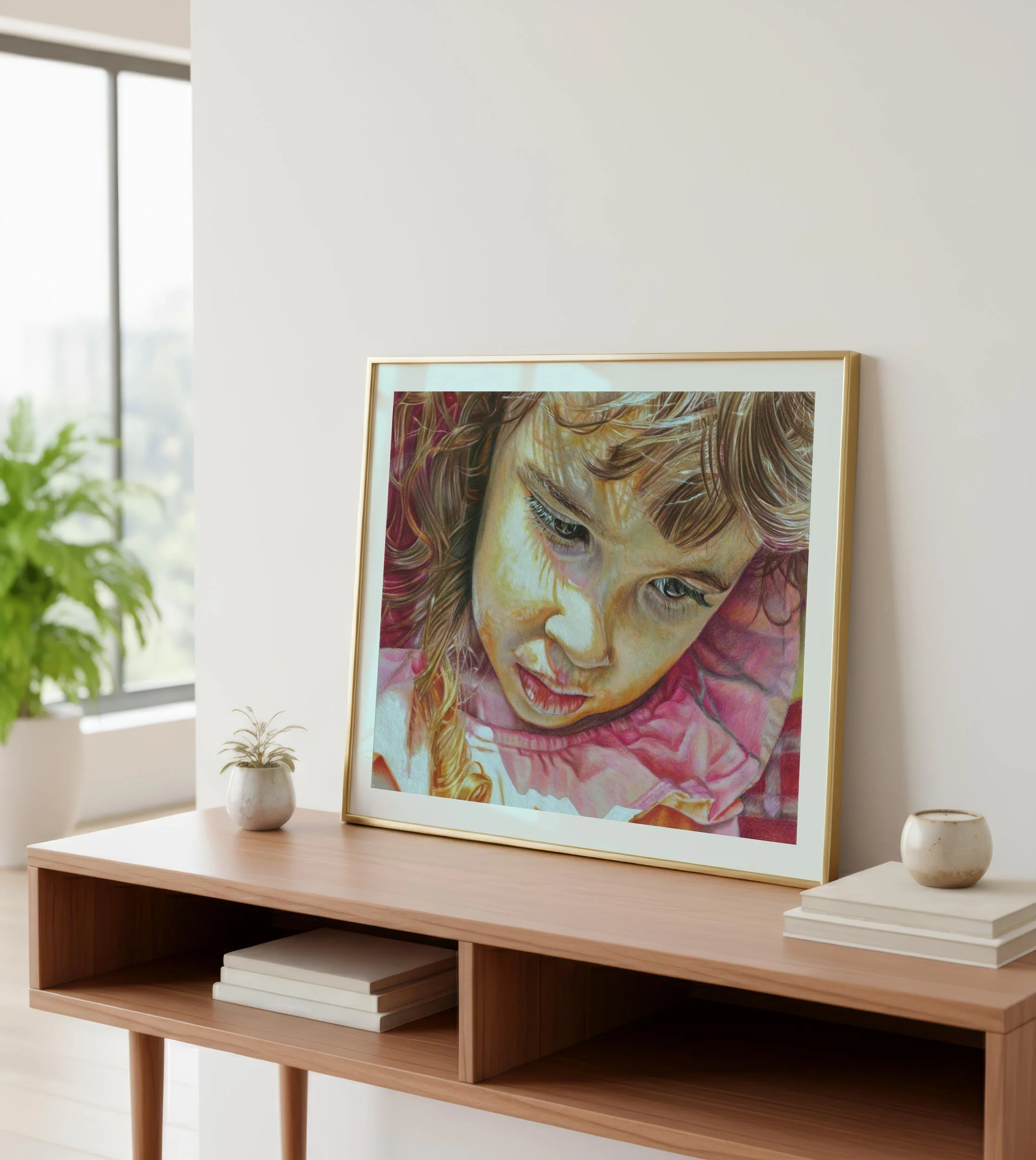 Framed portrait art print on a media console with books and plants