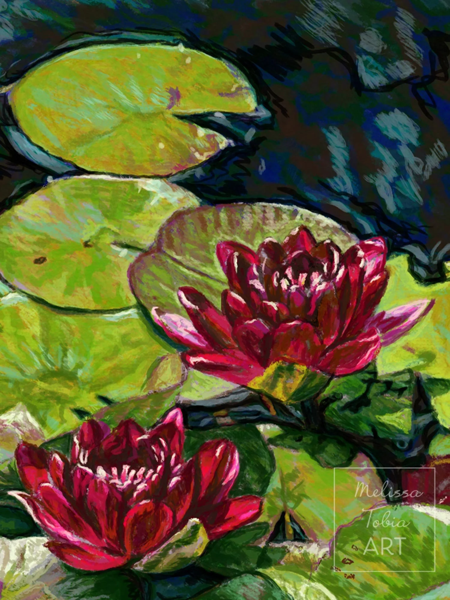 Two red water lily blooms rising above sunlit lily pads in a vertical botanical art print