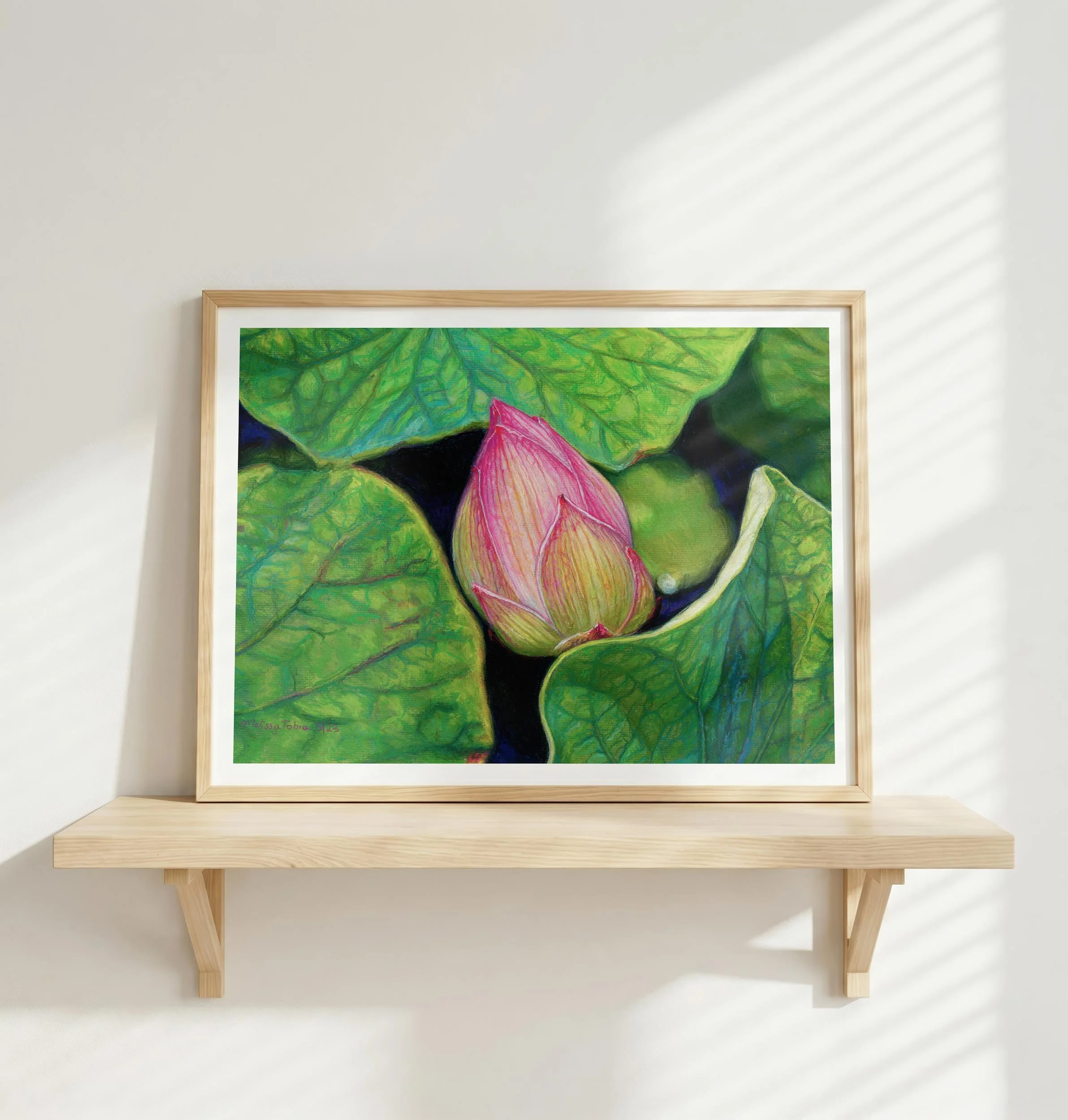 Lotus bud fine art print in wooden frame on wooden shelf