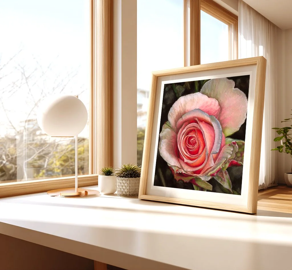 Small framed pink rose art print on table near lamp and window