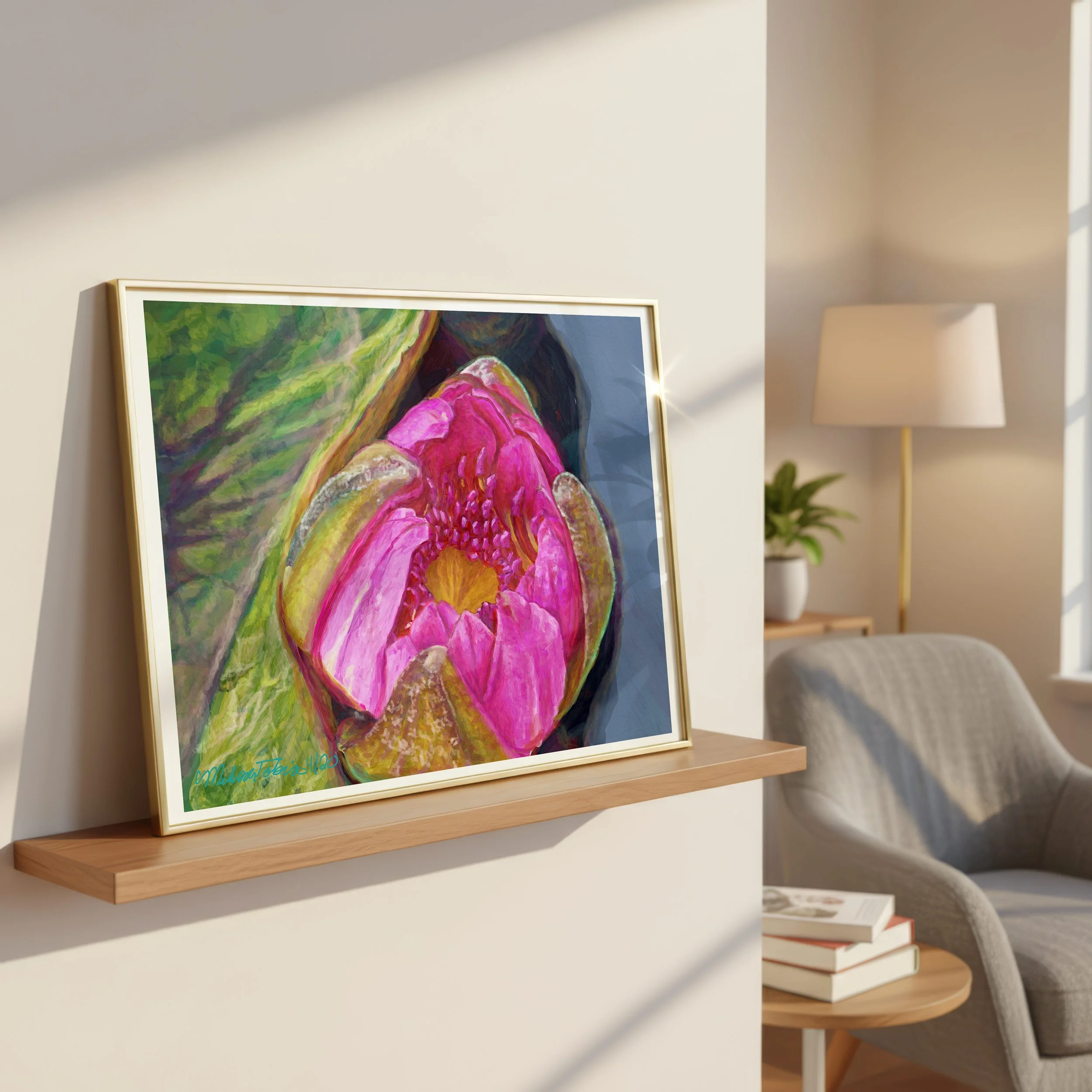 A framed painting of a vibrant pink water lily bud, with a yellow center, set against green leaves and a dark blue background. The artwork is displayed on a wooden shelf.