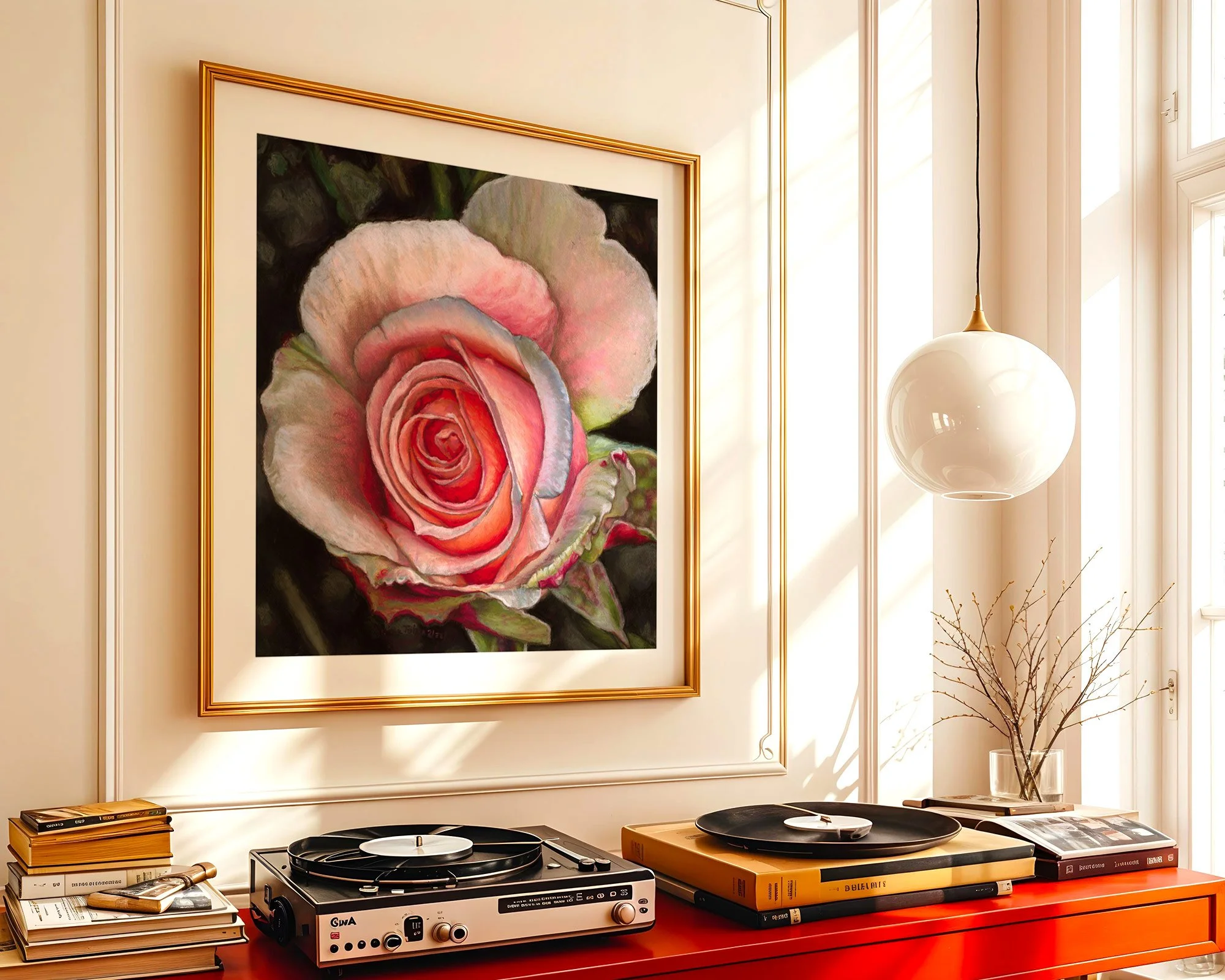 Framed rose painting print displayed near a vintage record player