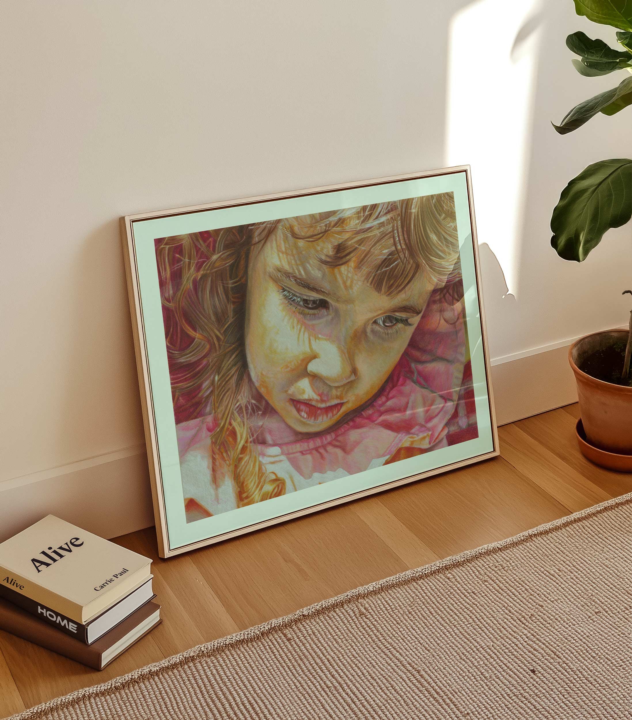 Bored portrait art print framed and leaning on a wood floor with a rug