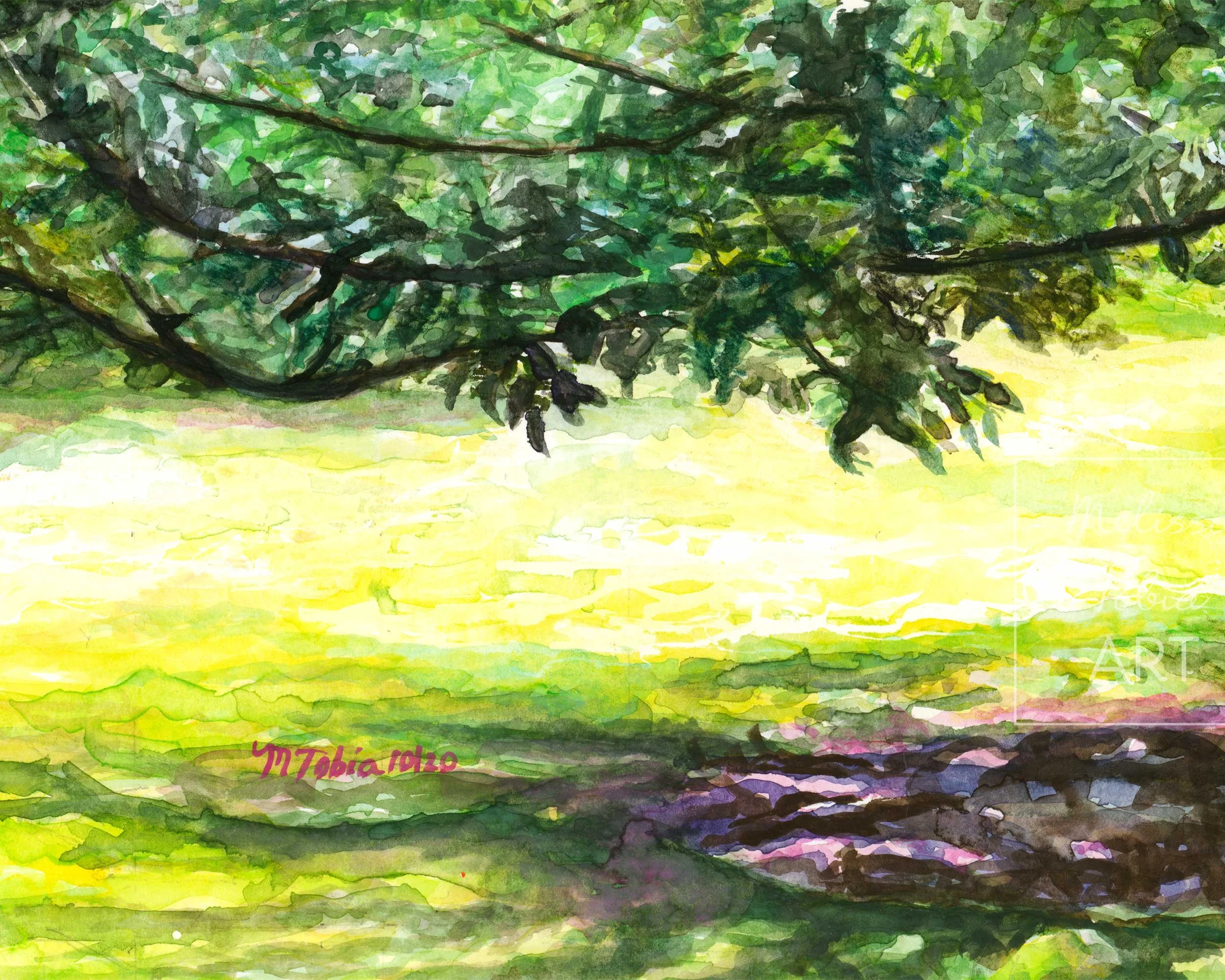 Detail of watercolor showing overhanging branches and warm purple shadows on the lawn