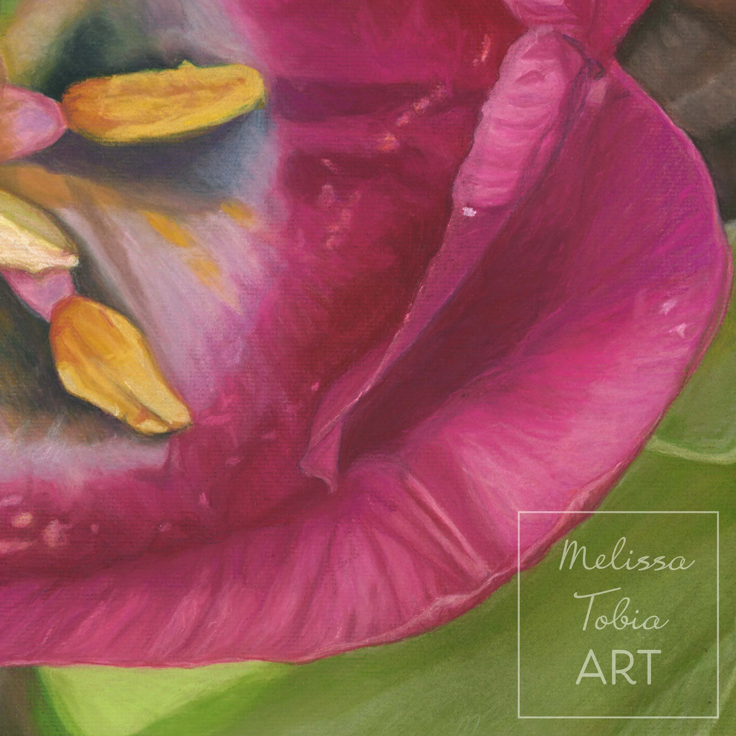Detail of tulip print showing curved yellow stamens and layered pink petals against green leaves