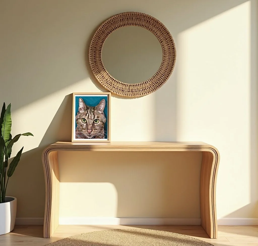 Framed tabby cat print on a wood console table beneath a round rattan mirror in warm light
