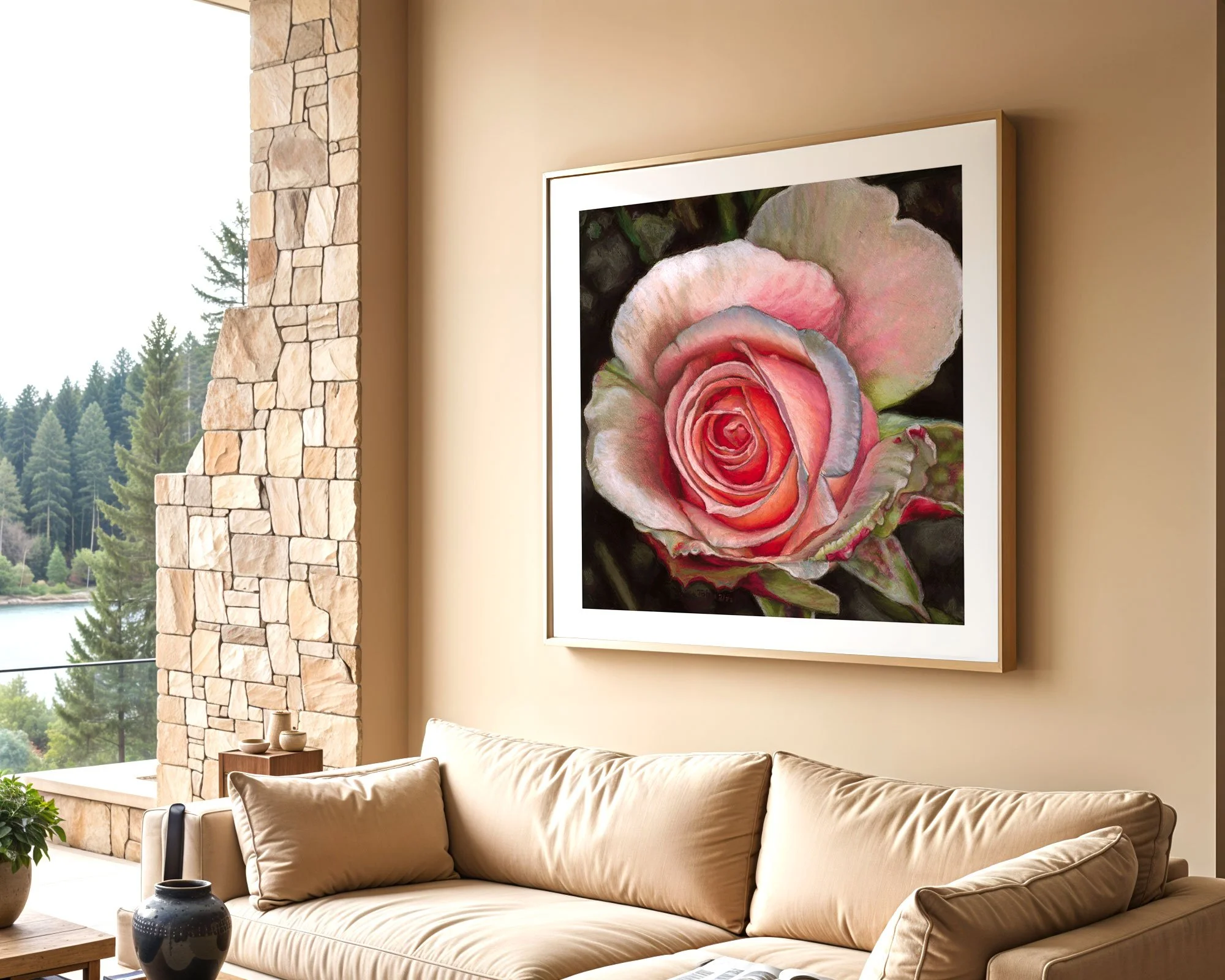 large framed rose art print on tan wall over tan couch by window showing trees