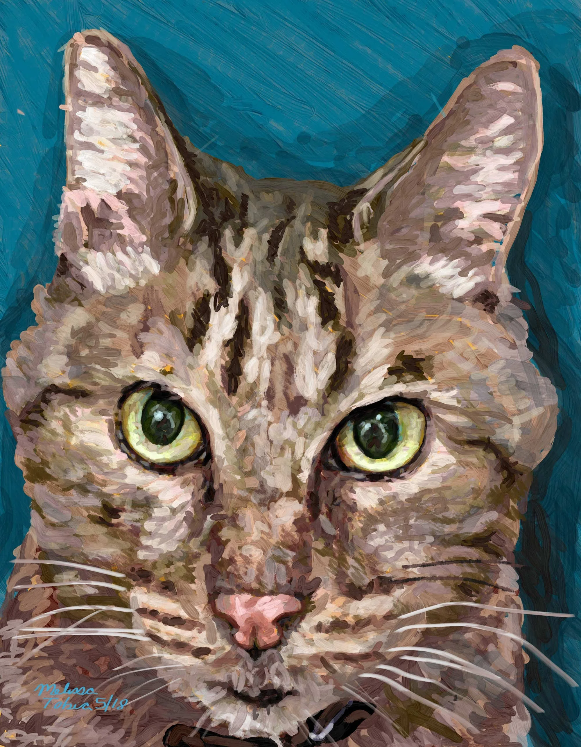 Digital painting of a brown grey tabby cat facing forward with green eyes against a teal background