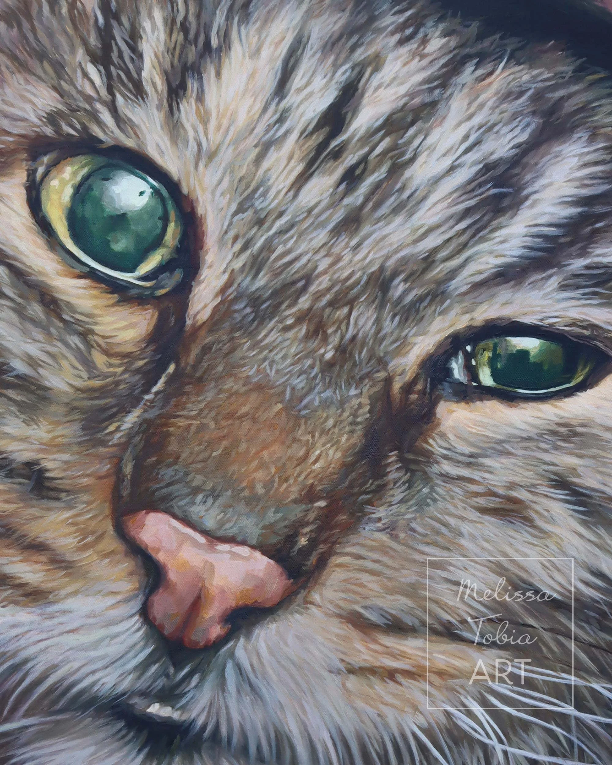 Close-up detail of oil painting showing a tabby cat's green eye and fur texture