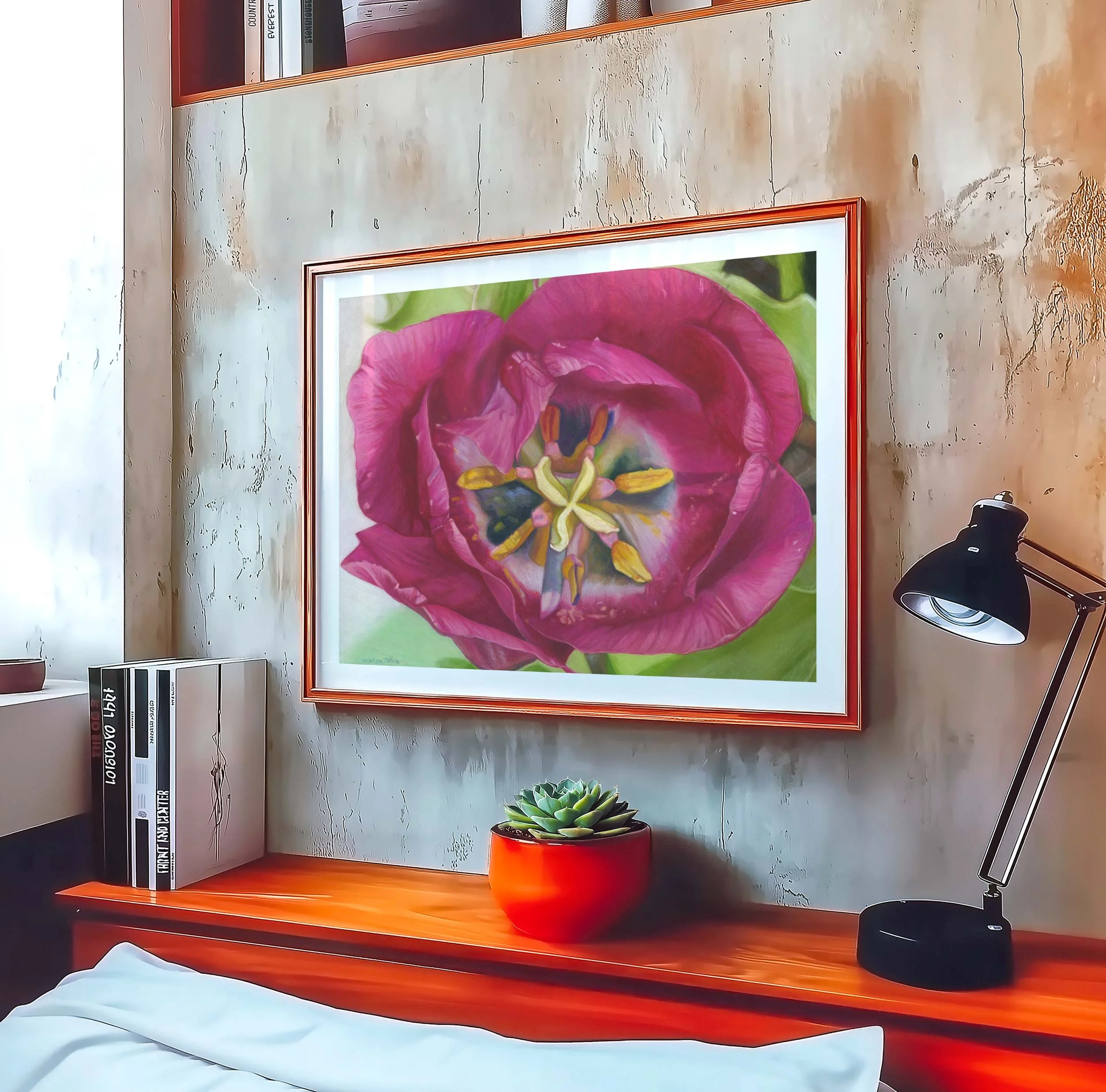 Purple tulip print in red frame over reddish counter with red vase plant and black lamp near window