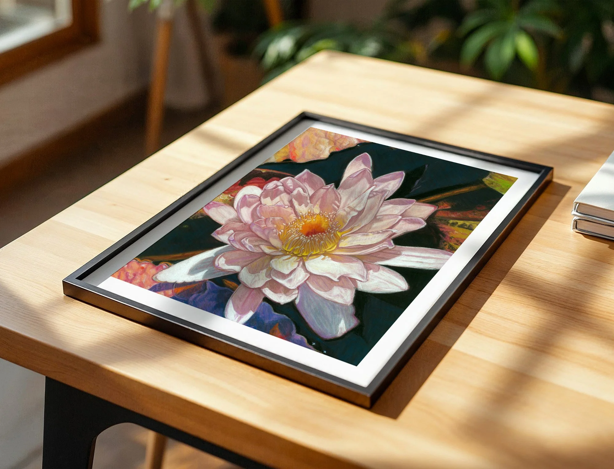 Water lily print in a black frame with white mat lying flat on a wood table