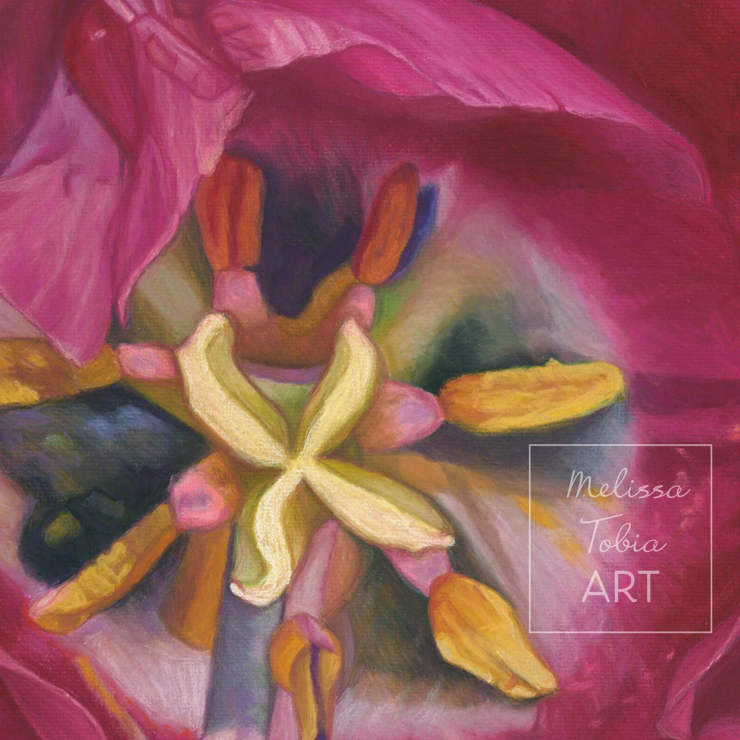 Close-up of tulip print showing pale yellow pistil and golden stamens against a deep purple interior