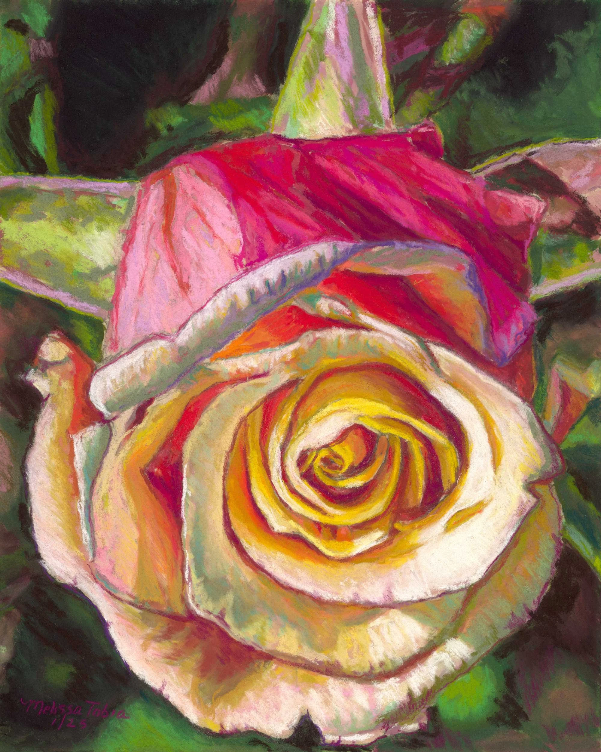 Original soft pastel painting of a golden yellow rose with pinkish red-edged outer petals against dark green leaves