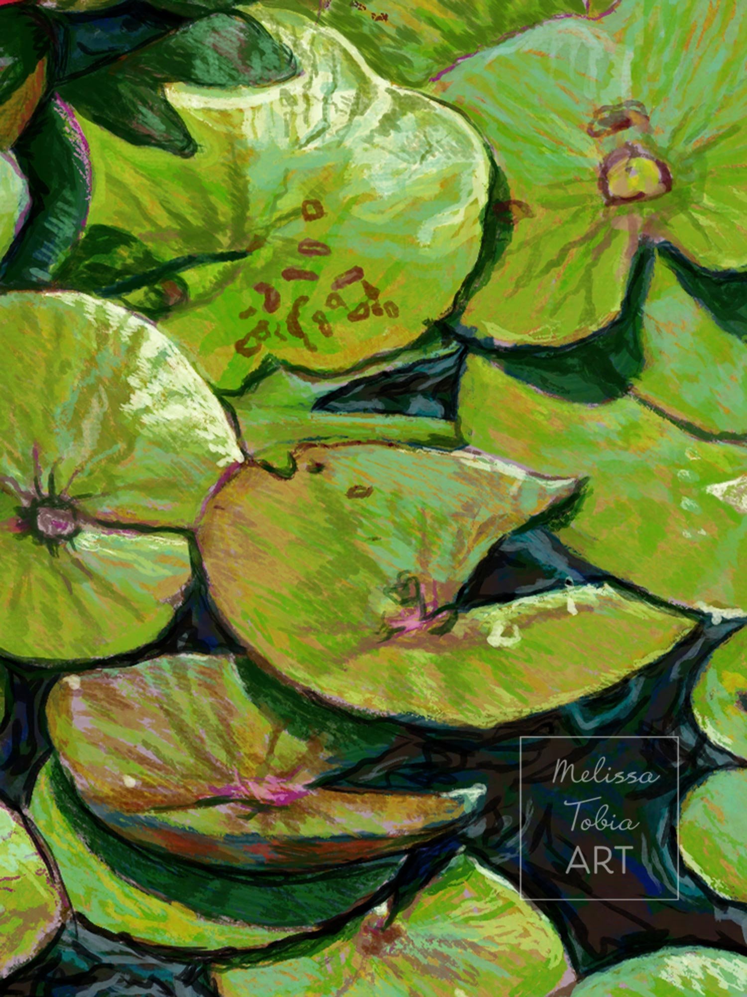Detail of overlapping green lily pads with rust markings floating on dark water