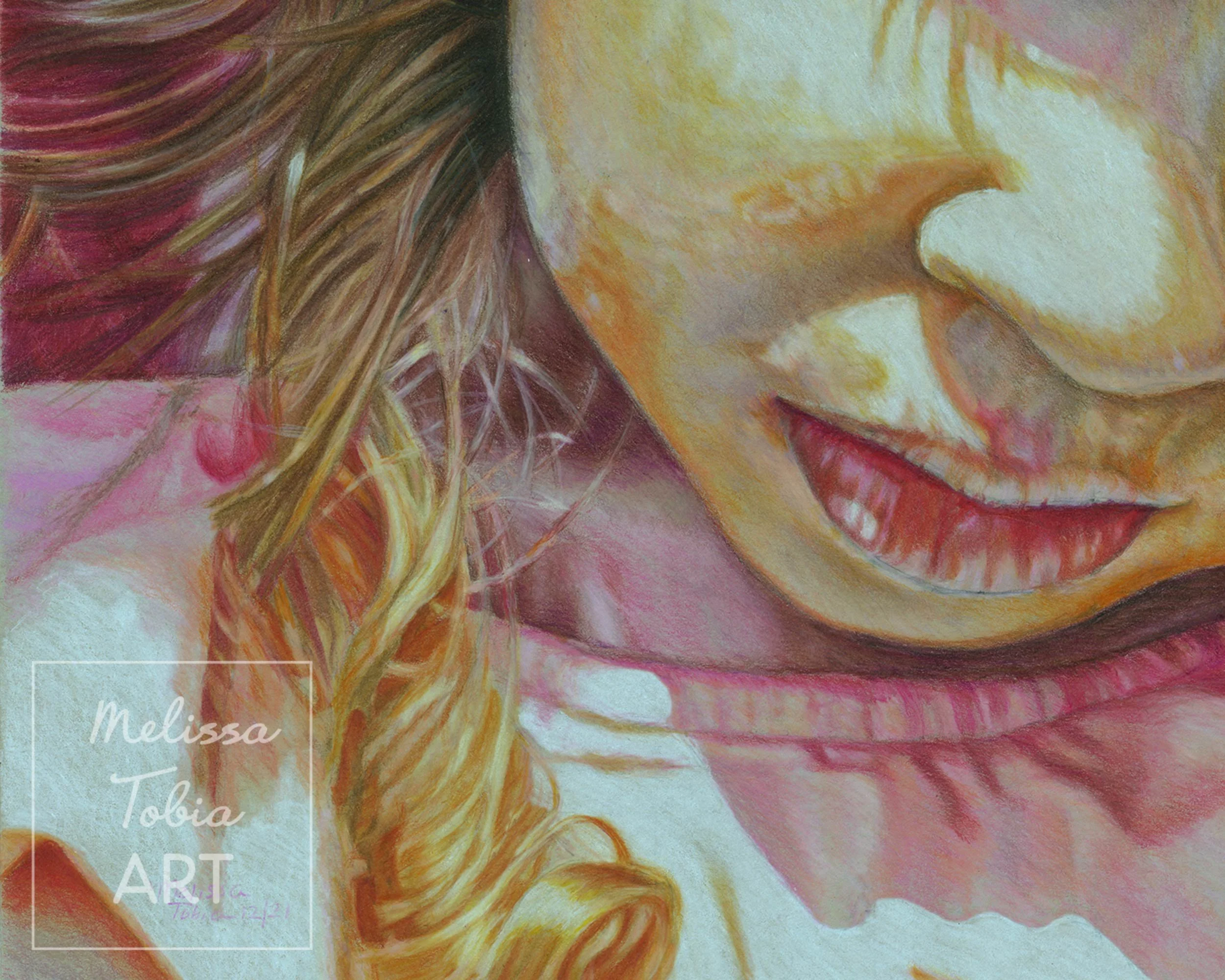 Detail of colored pencil portrait showing flowing hair strands and highlights