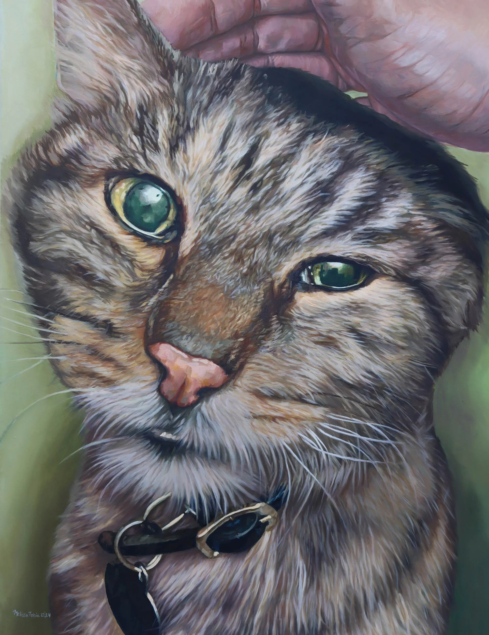 Happy Cat — original oil painting portrait of a tabby cat with green eyes with owner's hand over the cat's head