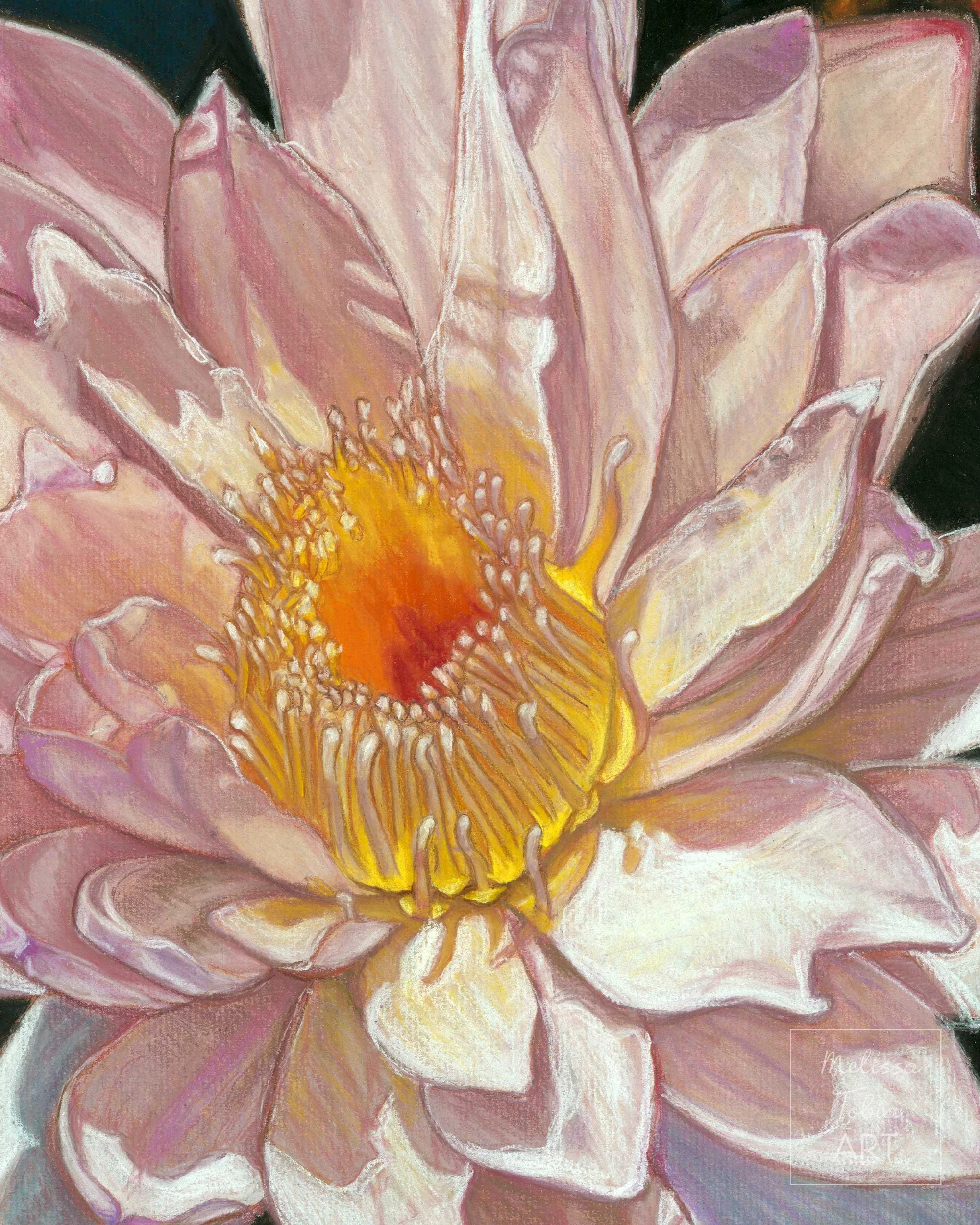 Close-up of water lily print showing golden stamens and layered white petals rendered in soft pastel