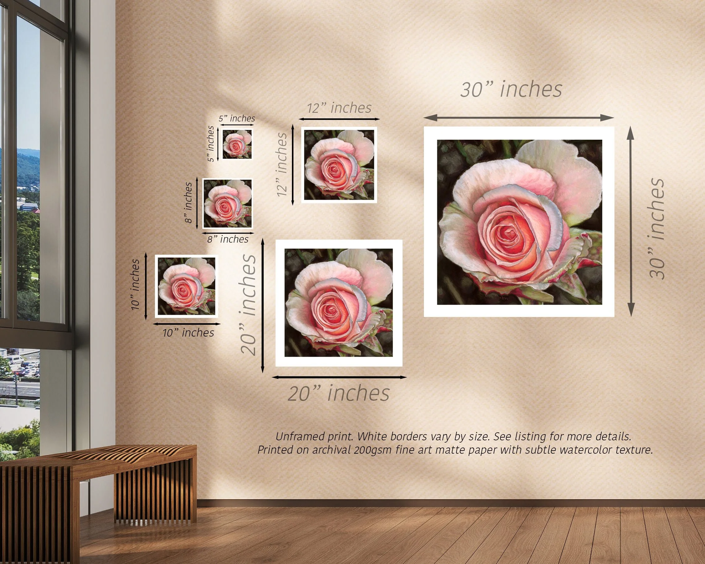 Size reference chart showing ranging from 5 inch to 30 inch rose art print options