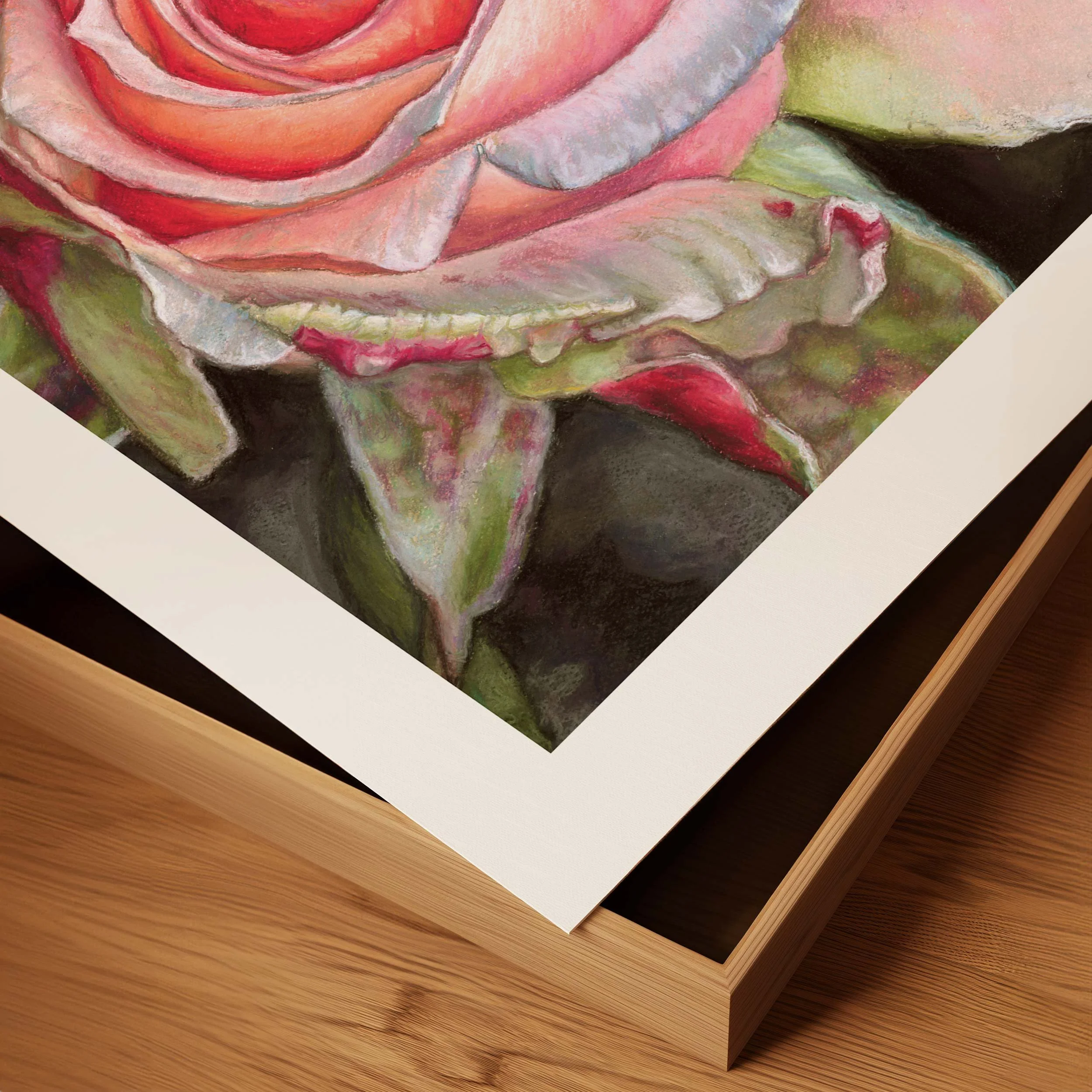 Close-up of the rose print's frame corner and white border