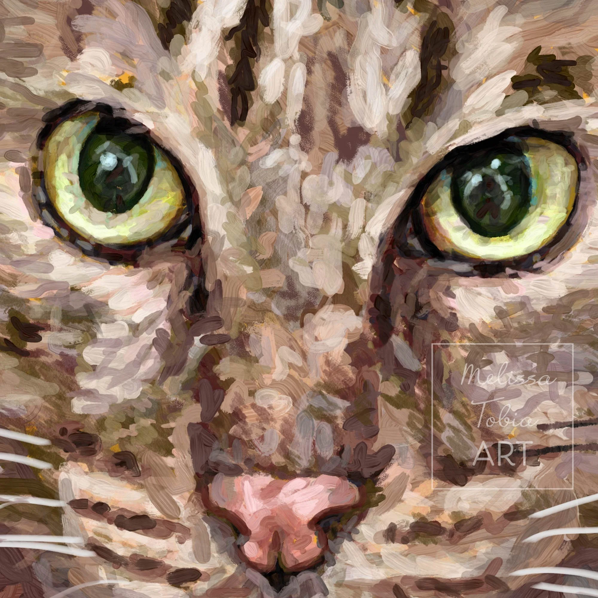 Close-up of tabby cat portrait showing large green eyes, pink nose, and painterly fur strokes