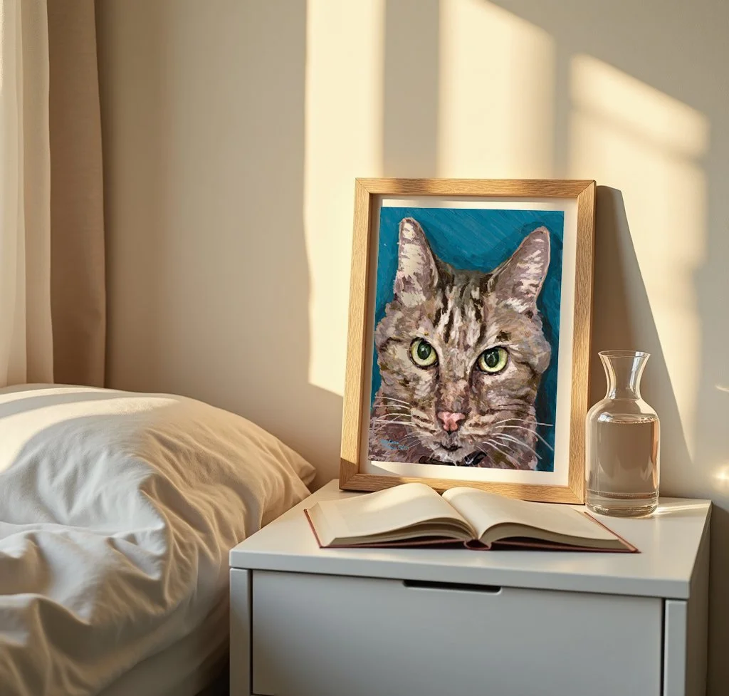 Cat portrait art in a wood frame on a bedroom nightstand beside an open book and lamp
