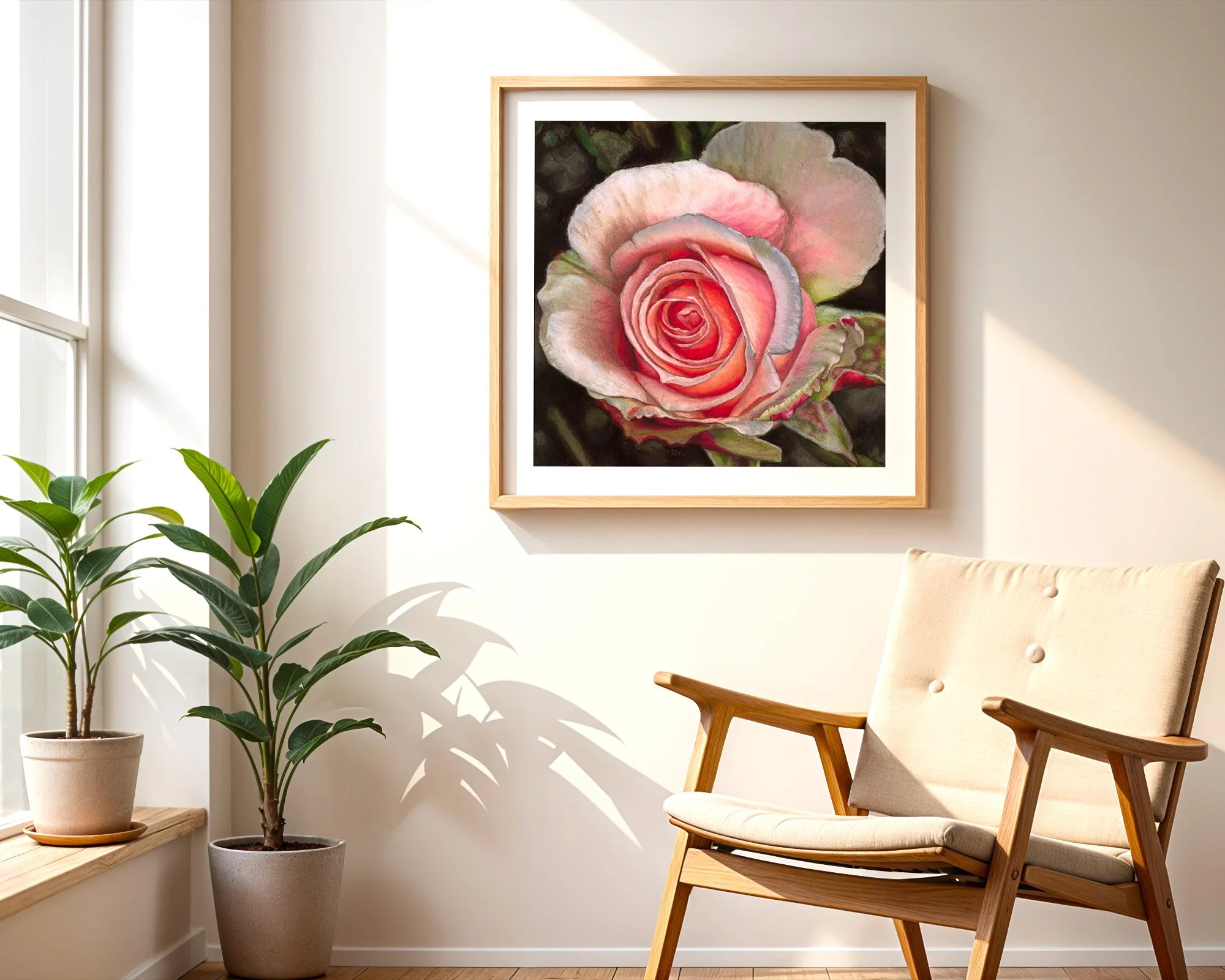 Rose art print framed and leaning near a wooden chair and potted plant