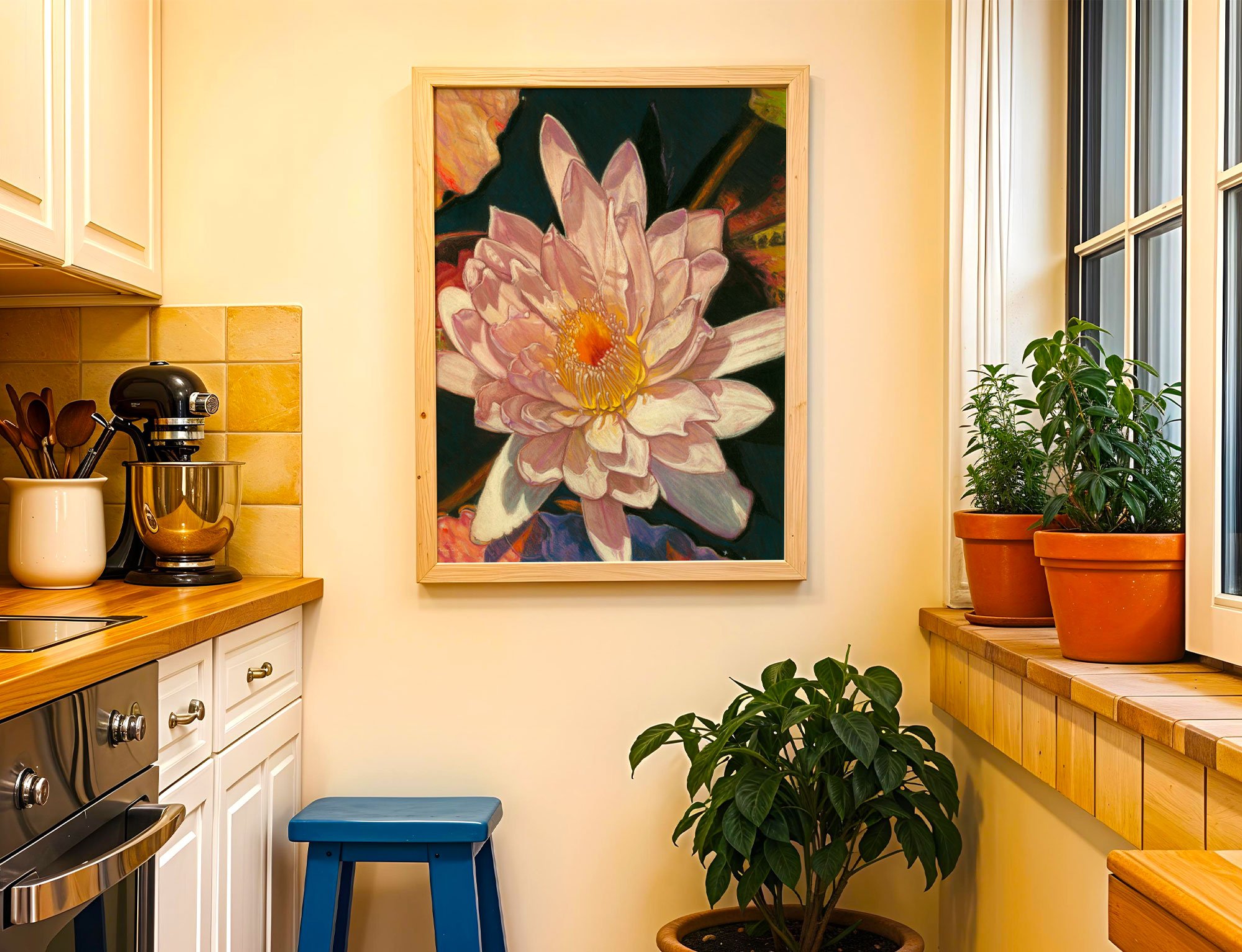 White water lily wall art in a light wood frame hung on a warm yellow kitchen wall above a blue stool