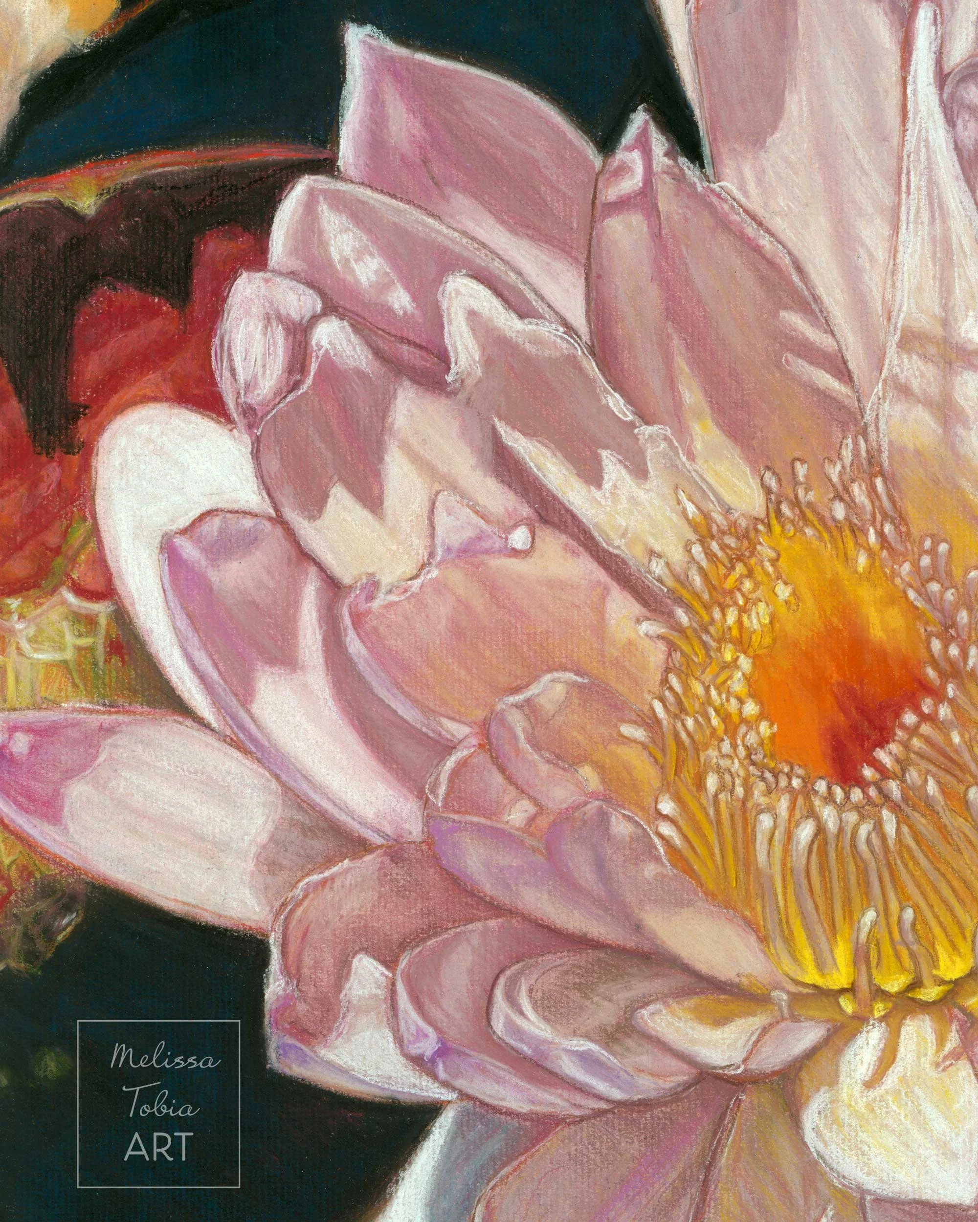 Detail of pastel water lily print showing warm coral and green pond leaves behind pale petals