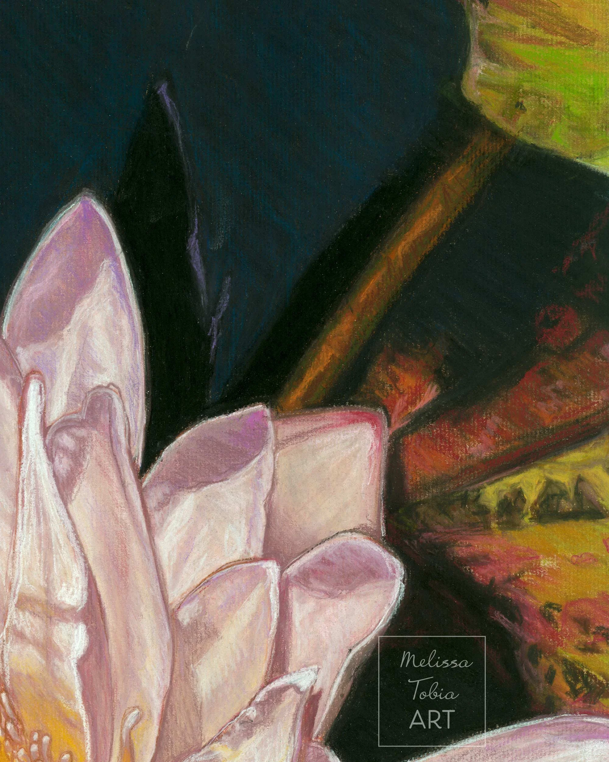 Close-up of pale pink water lily petals and dark pond foliage in a soft pastel fine art print