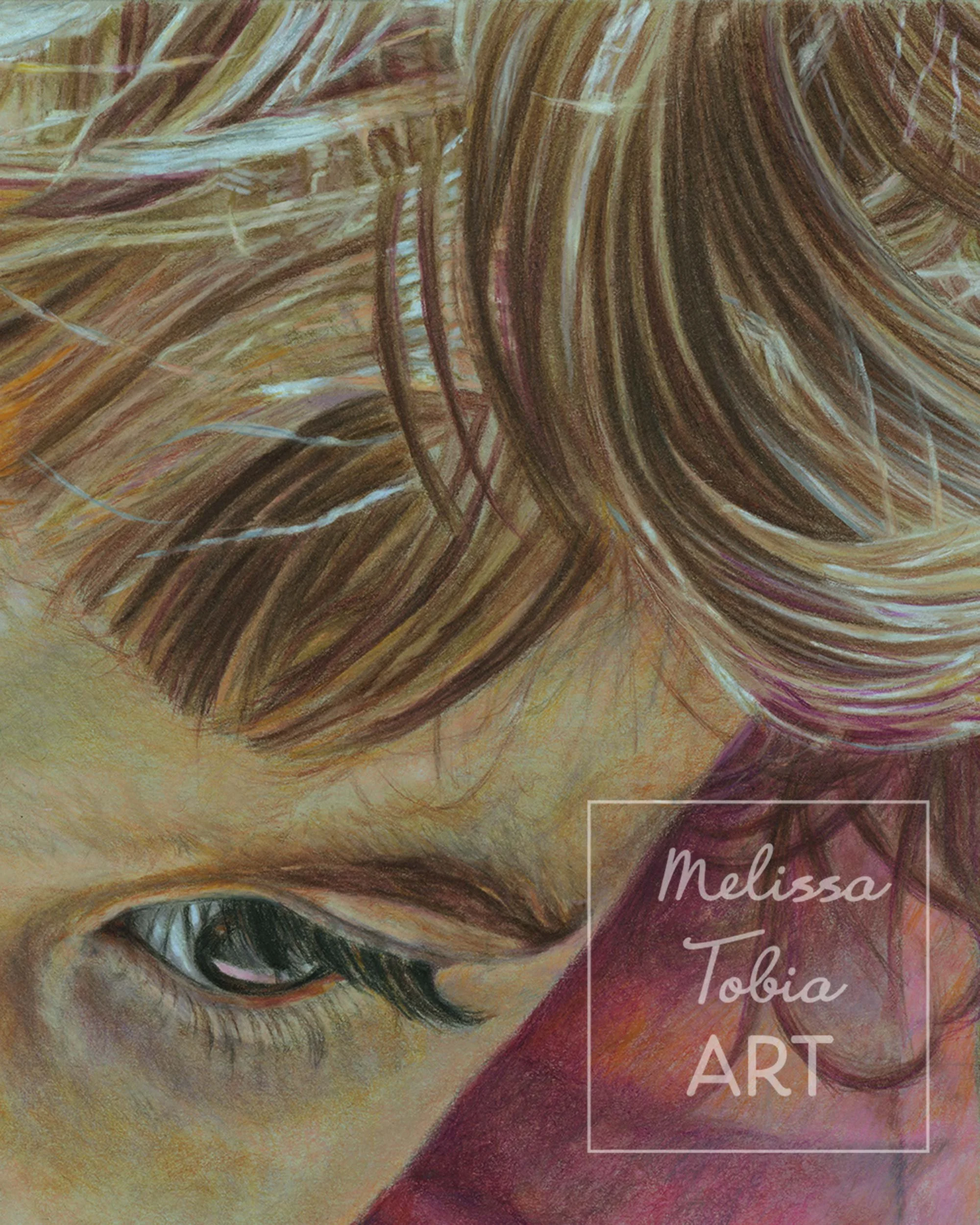Close-up detail of colored pencil drawing showing eye and eyelash detail