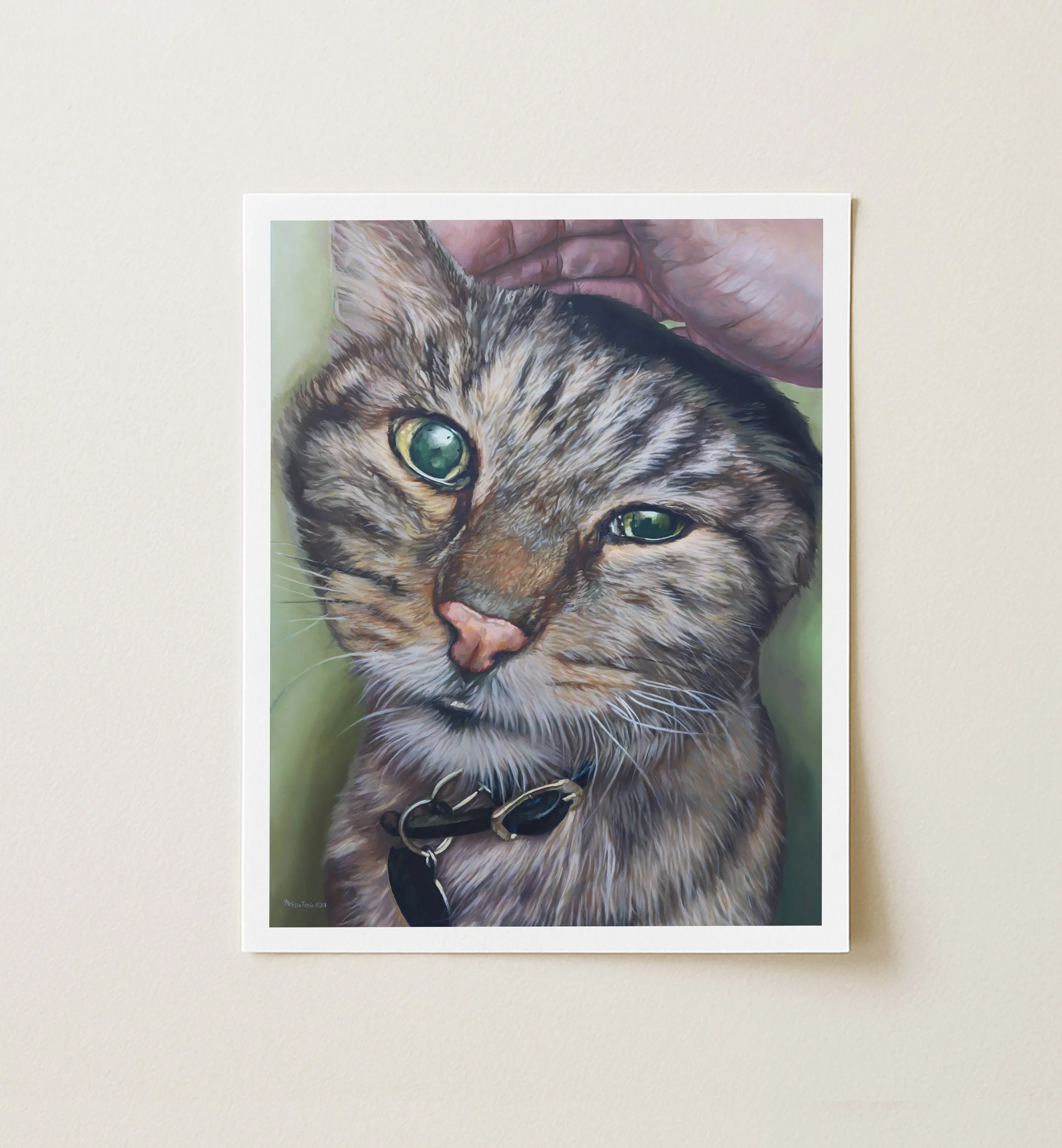 Tabby cat oil painting print lying flat with a white mat border
