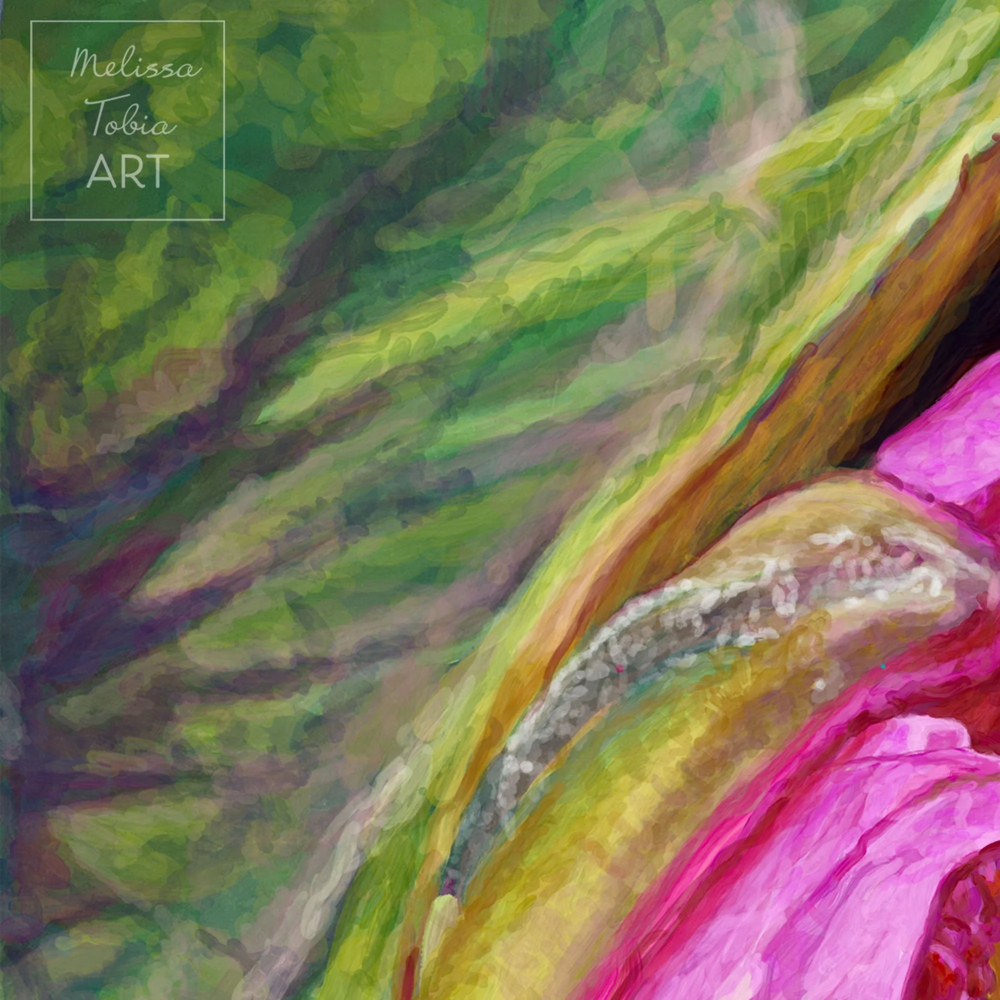 Detail of water lily print showing brushy green lily pad texture and bronze edges beside pink petals