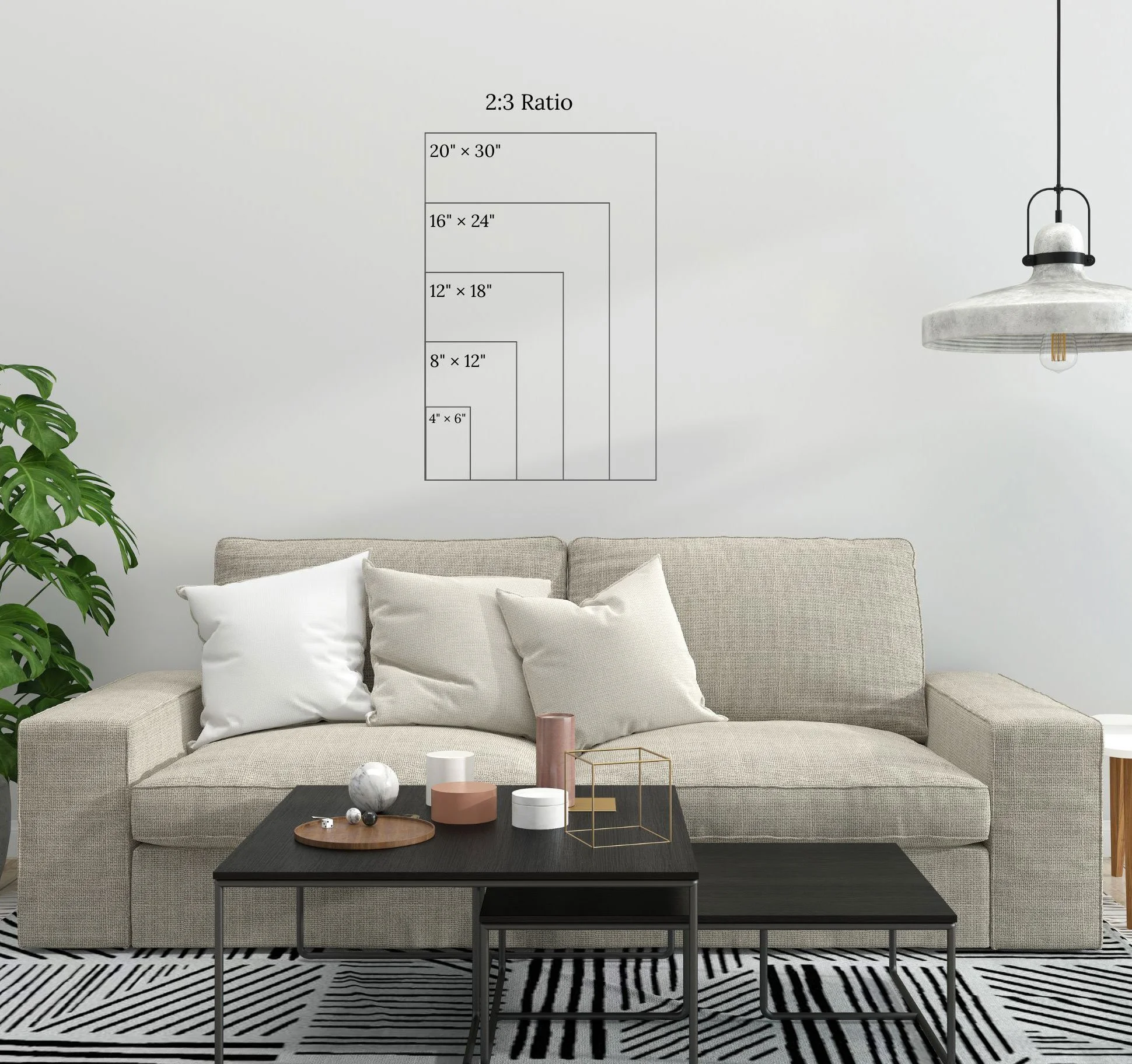 Size chart over light grey couch ranging from 4x6 to 20x30 in 2 to 3 ratio