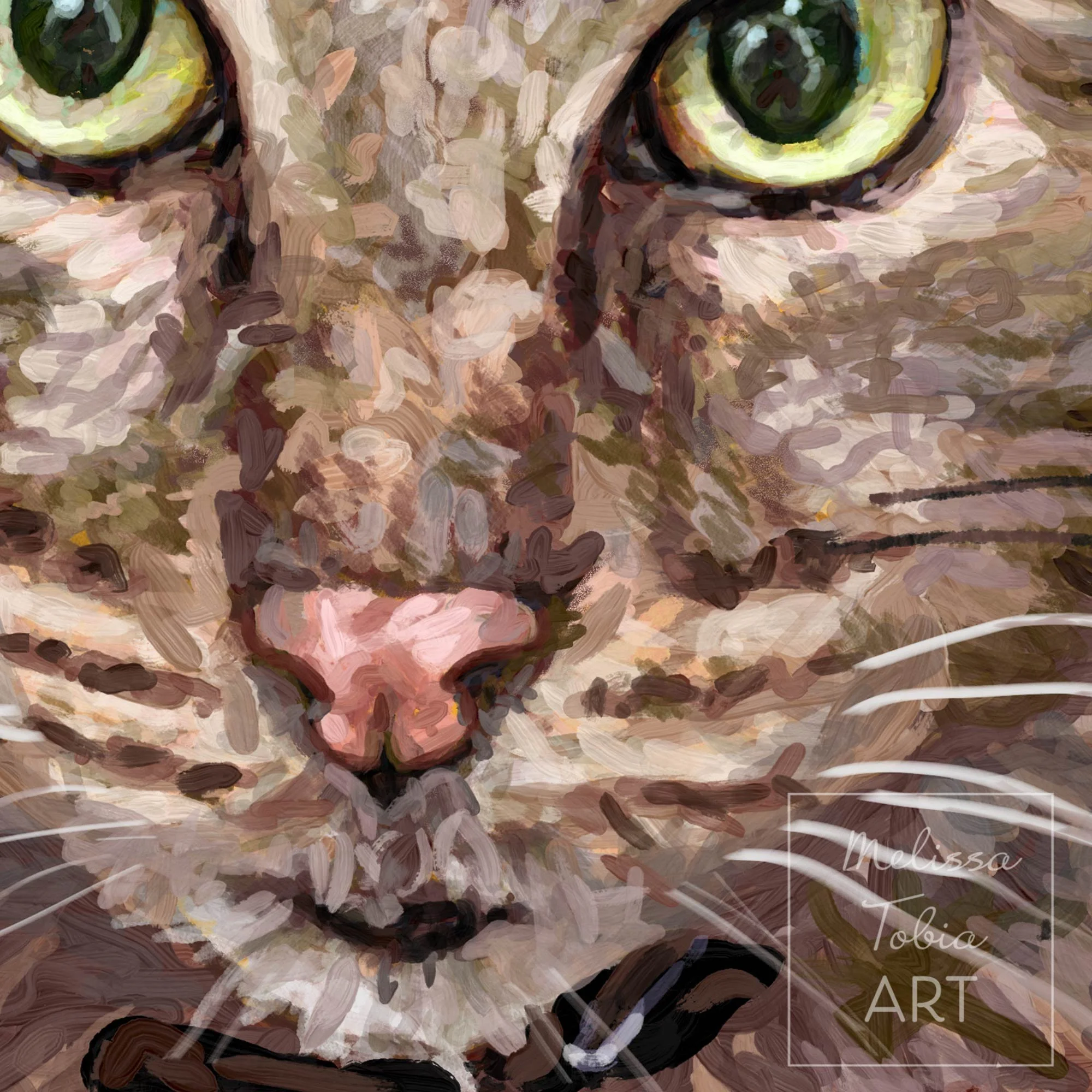Close-up of tabby cat portrait showing large green eyes, pink nose, mouth and whiskers and painterly fur strokes