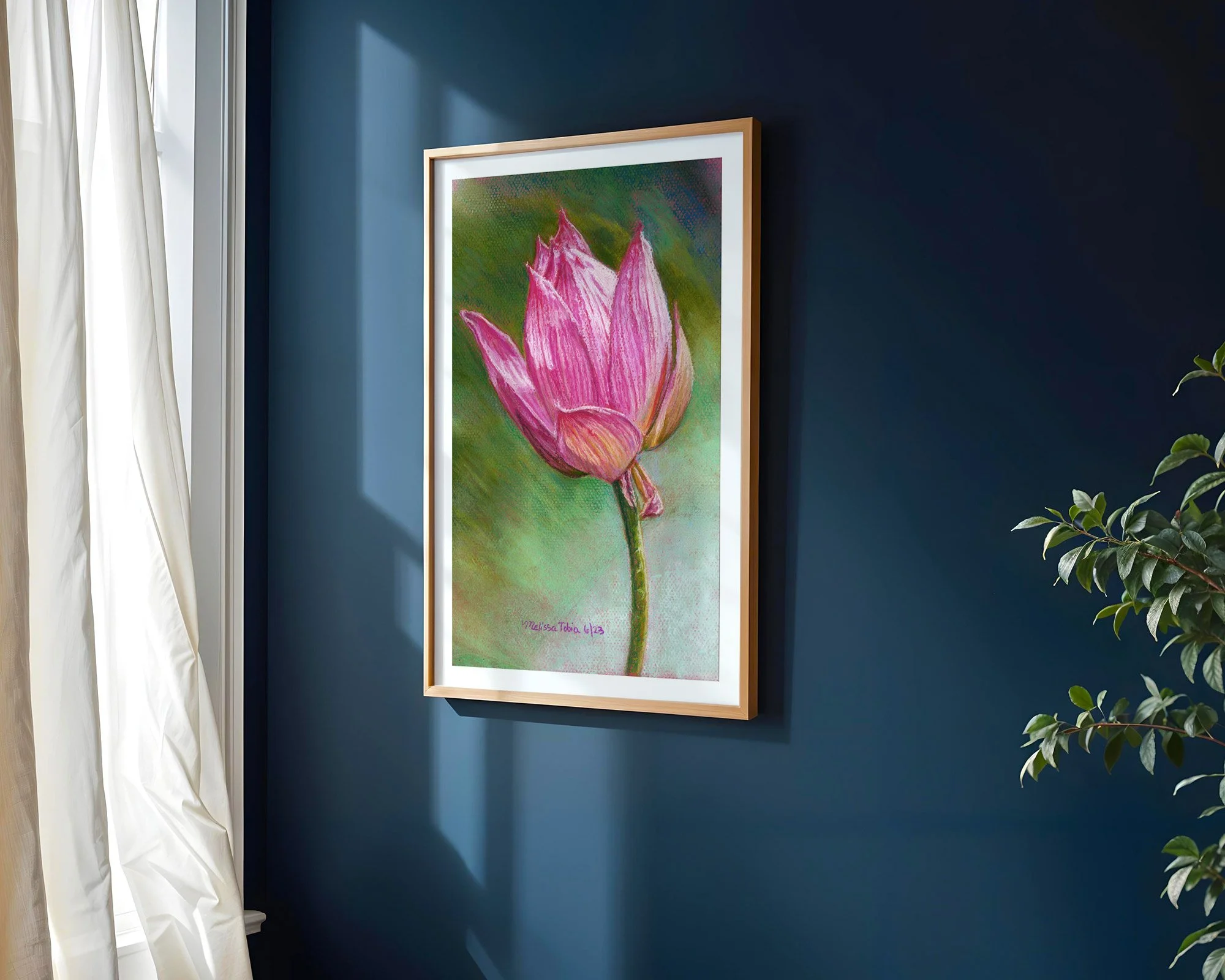 Lonely Lotus art print framed and hung on a deep navy blue wall