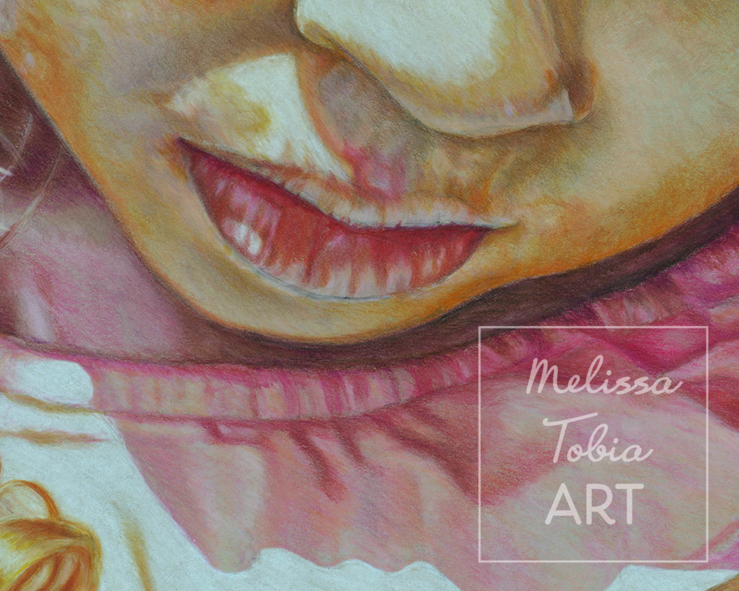 Close-up detail of colored pencil portrait showing lips and skin tone shading