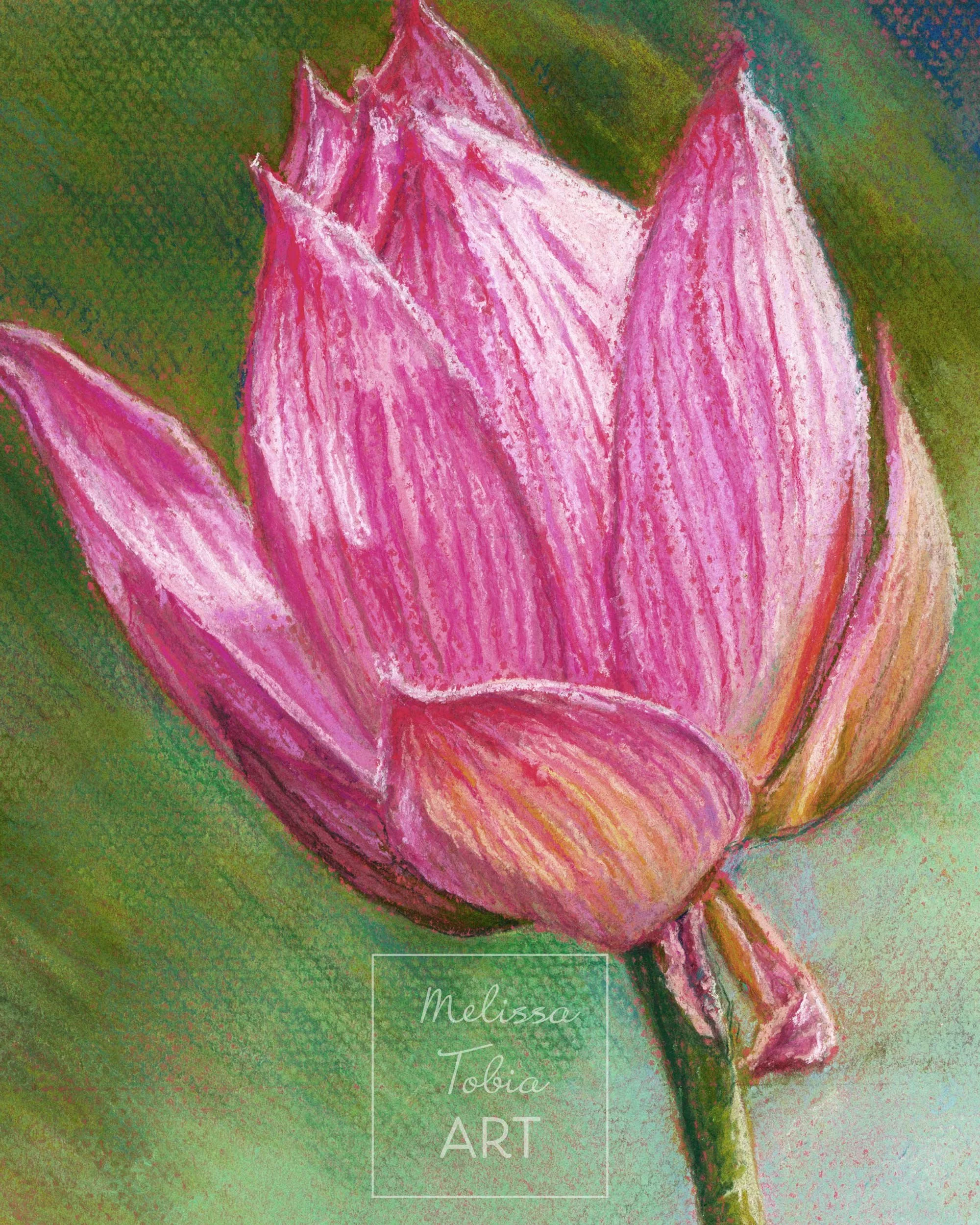 Close-up detail of pastel painting showing pink lotus petals