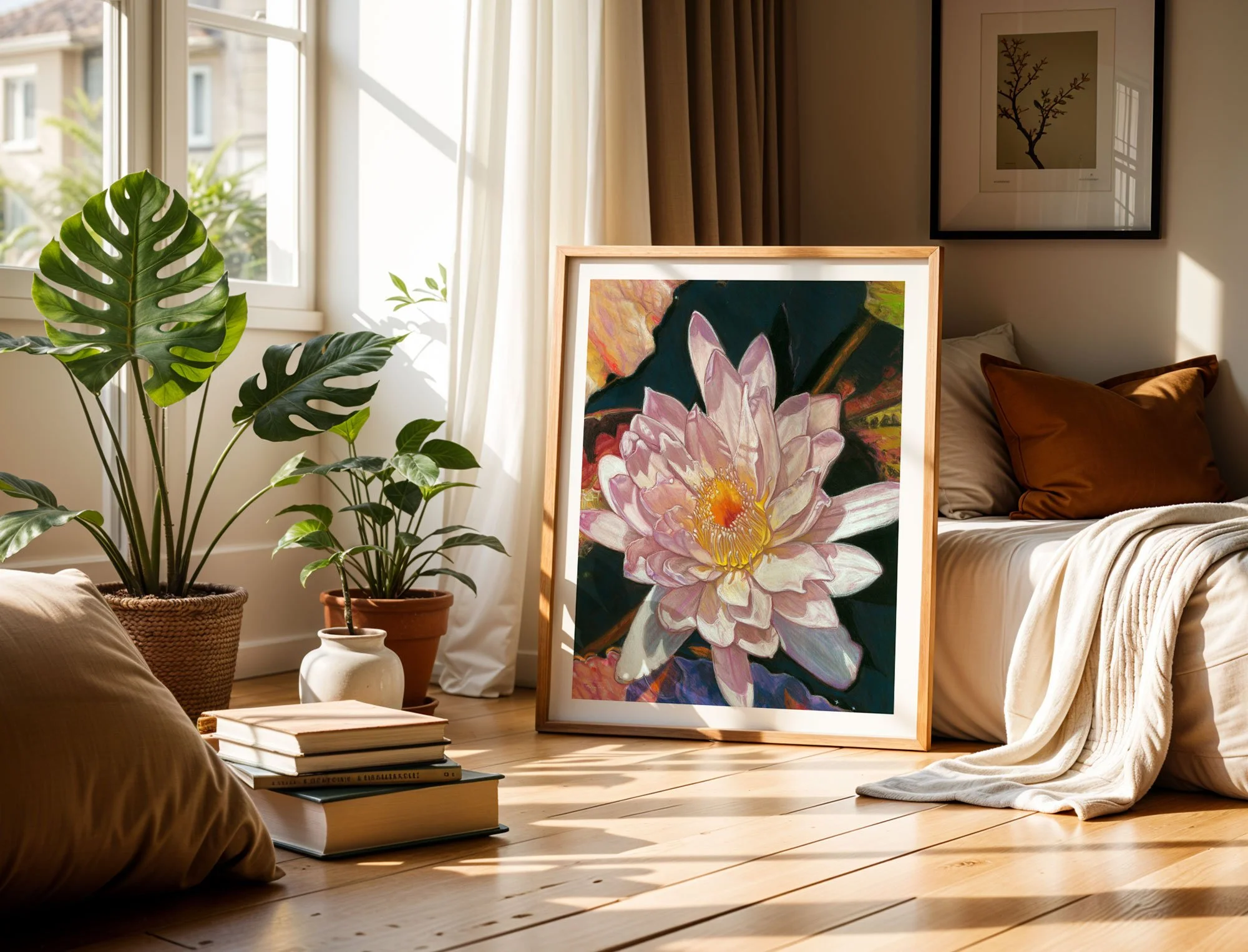 Framed water lily print leaning on a wood floor in a sunlit living room with plants and stacked books