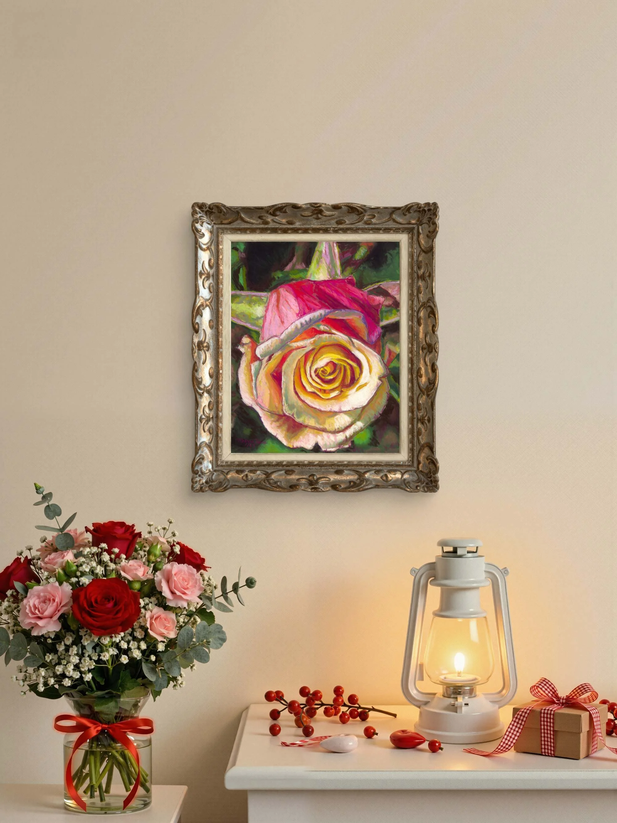 Framed rose pastel on a warm wall above a lantern and a bouquet of red and pink roses