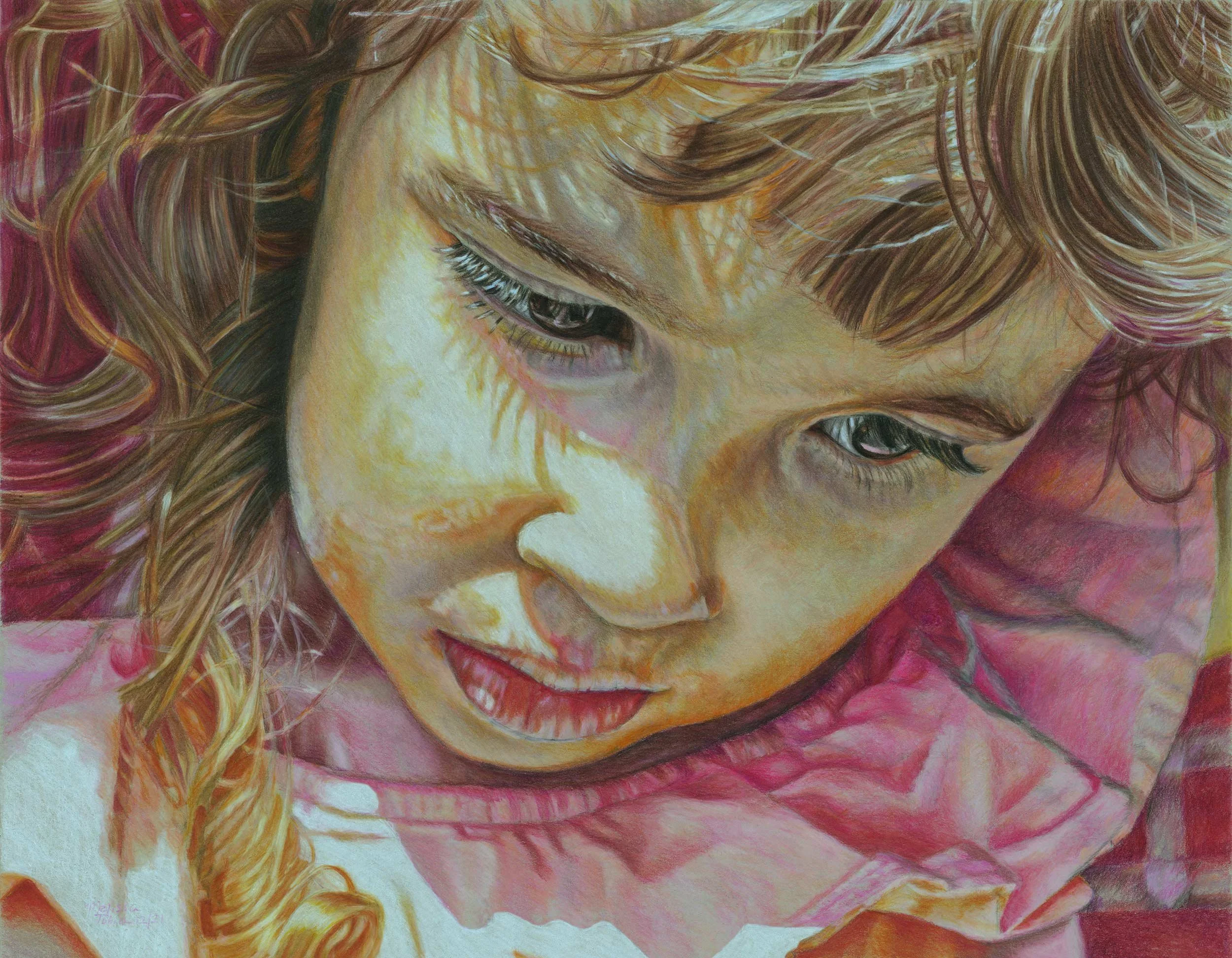 Bored — original colored pencil portrait drawing of a young girl