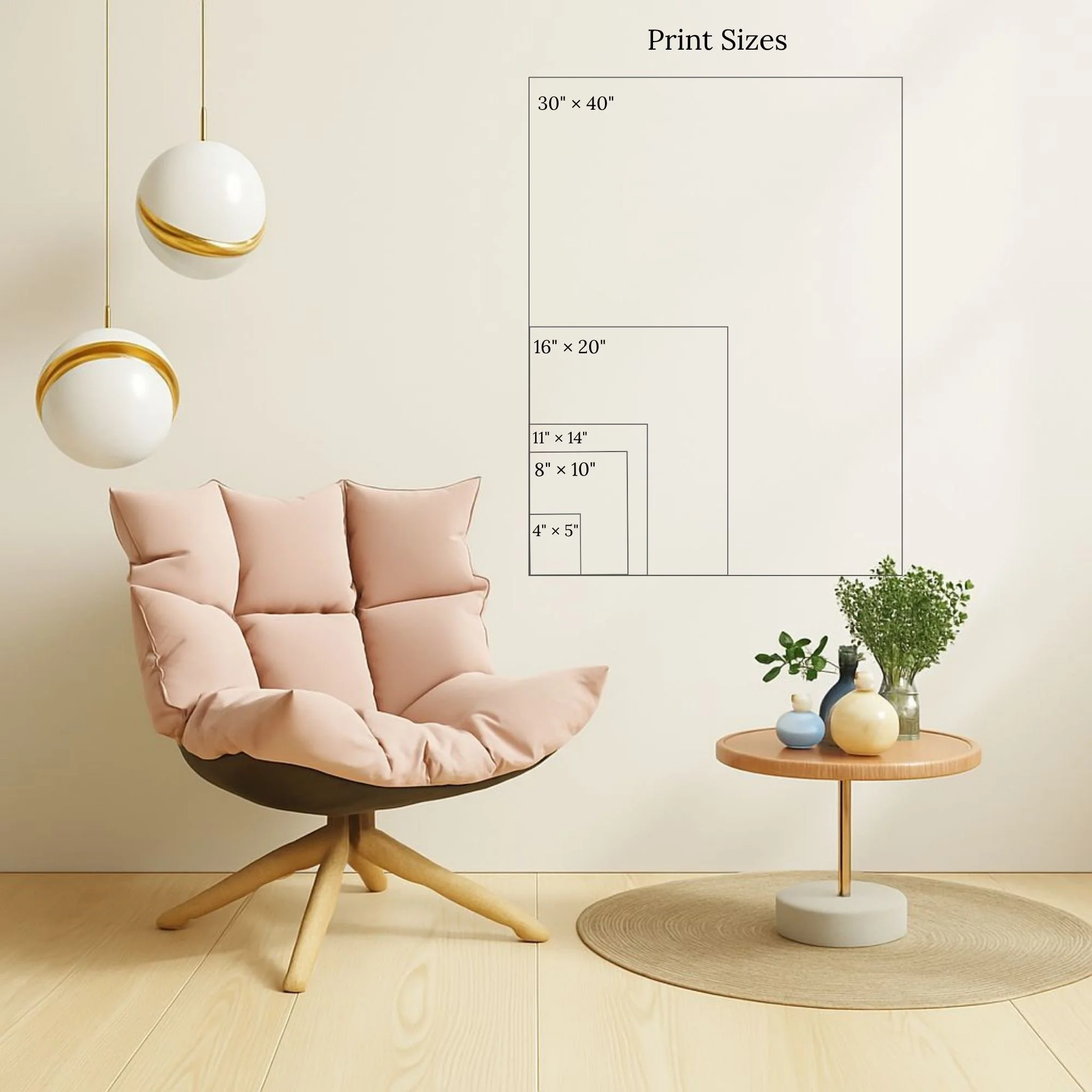 Print size comparison chart showing water lily art in four sizes on a wall above a pink lounge chair ranging from 4x5 to 30x40