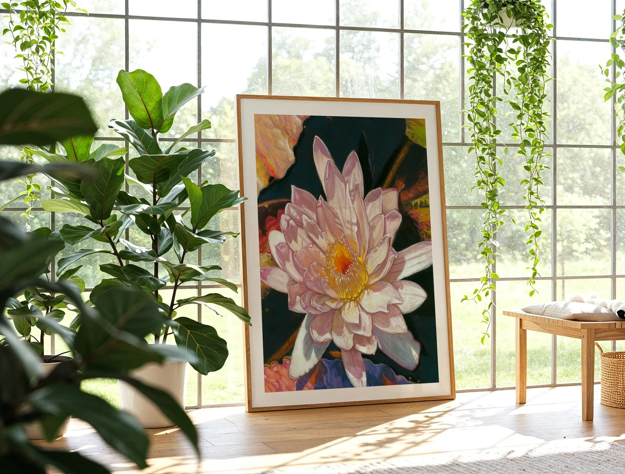 Water lily fine art print in a wood frame leaning in a plant-filled sunroom with tall windows