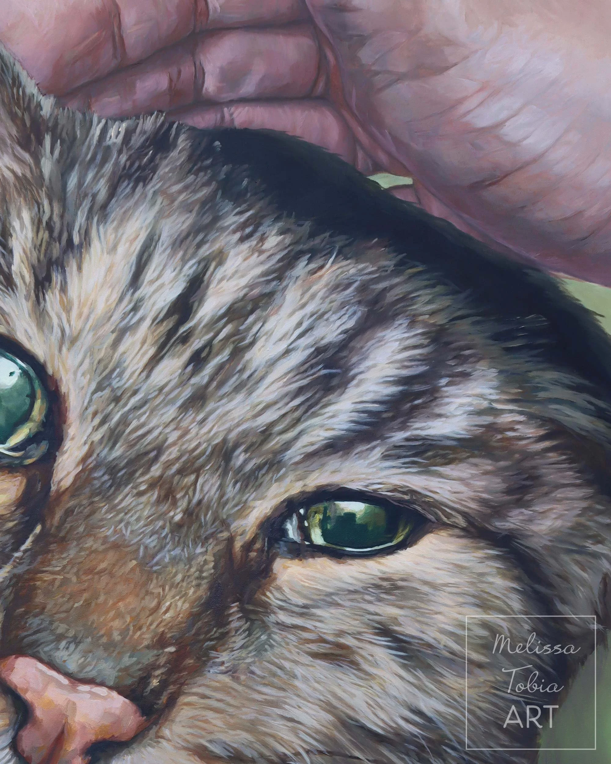Close-up detail of oil painting showing a hand over the cat's head and top of the head