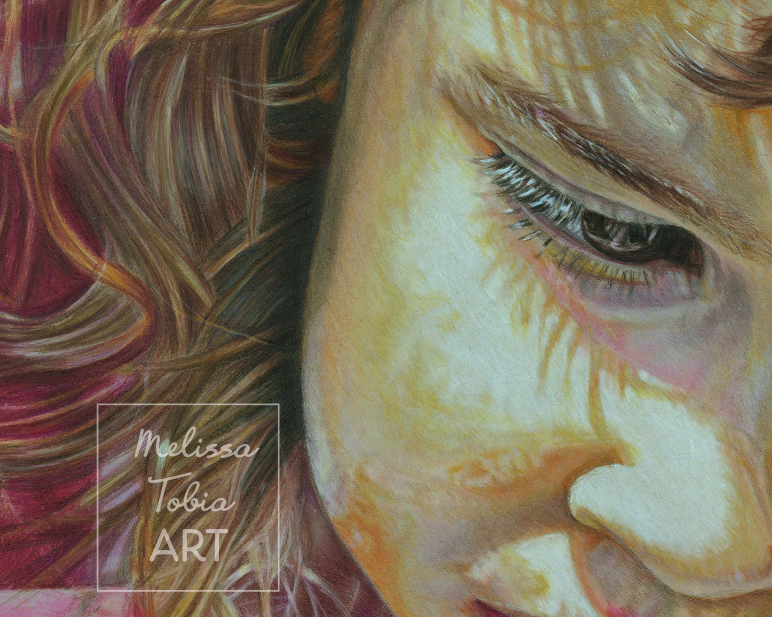 Close-up detail of colored pencil portrait showing a child's eyes and expression